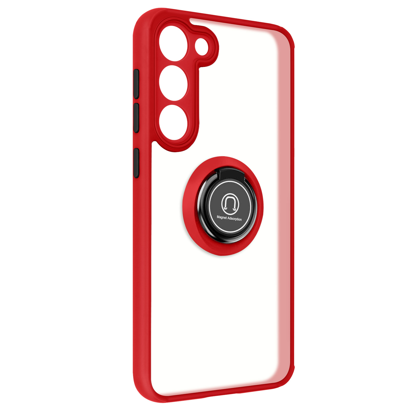 Custodia rossa per telefono con foro per fotocamera e supporto ad anello. Sfondo bianco.