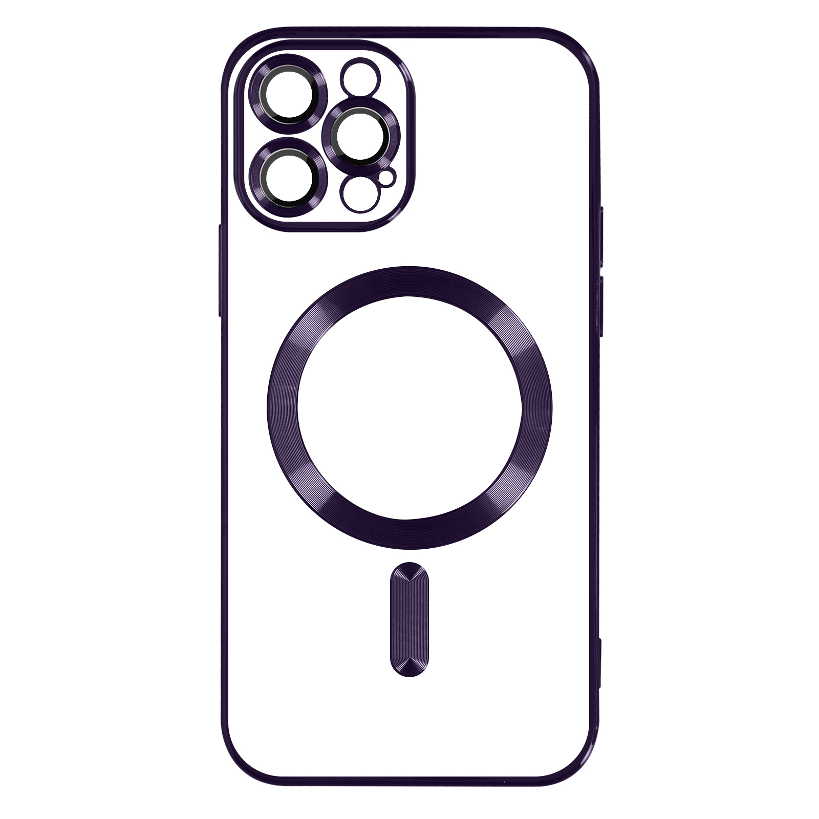 Coque de téléphone violette avec cadre violet foncé. Dos blanc et découpes caméra.