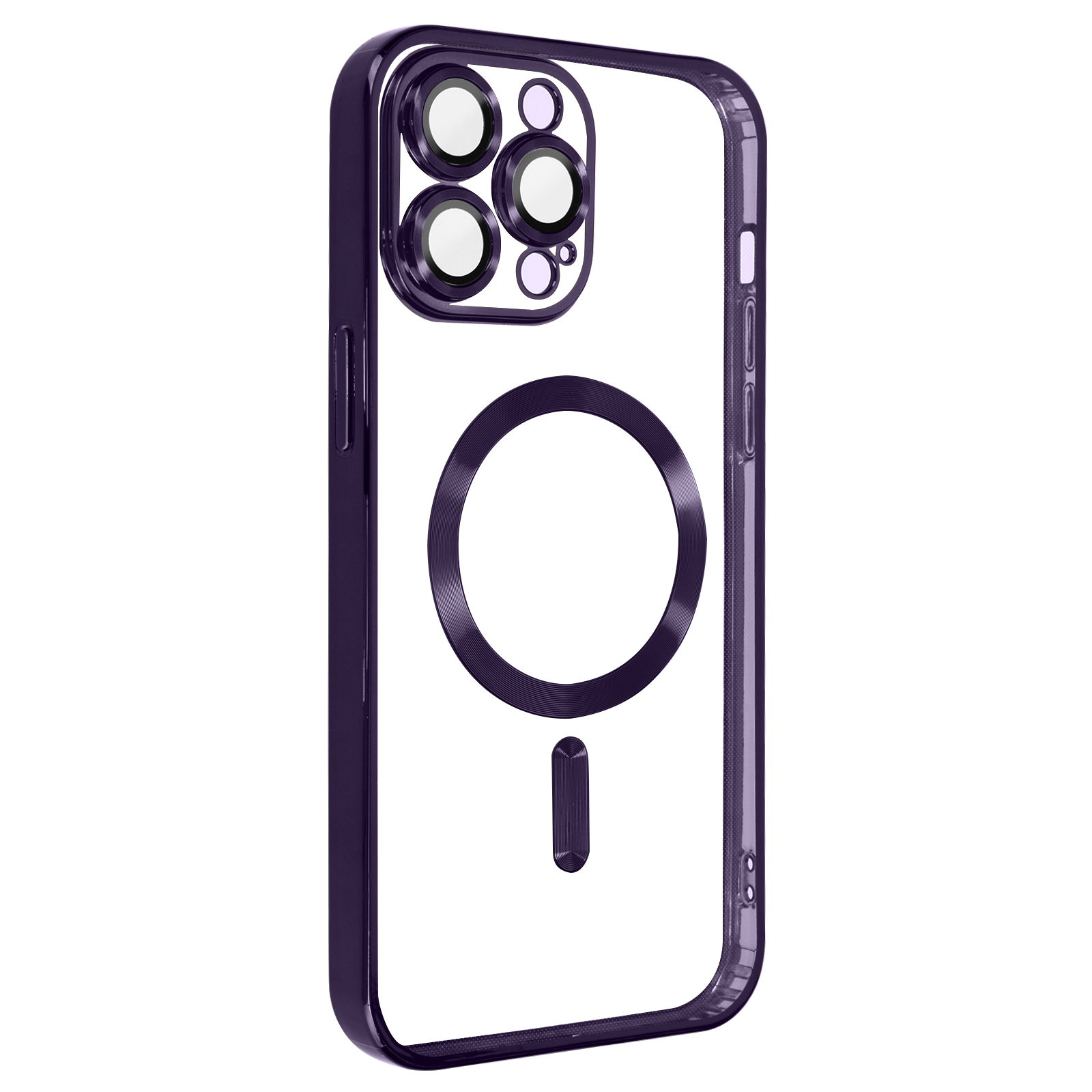 Coque iPhone transparente avec bord violet, design circulaire et barre horizontale.