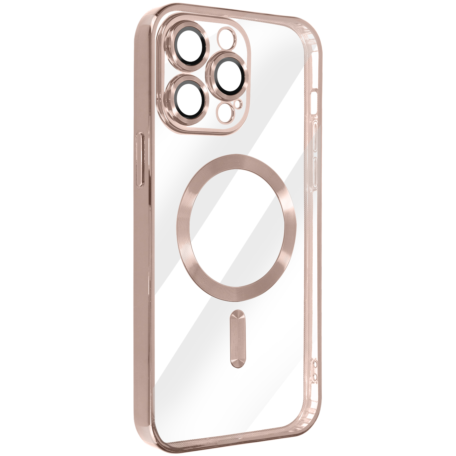 Custodia per telefono oro rosa con cerchio e segno meno, retro trasparente.