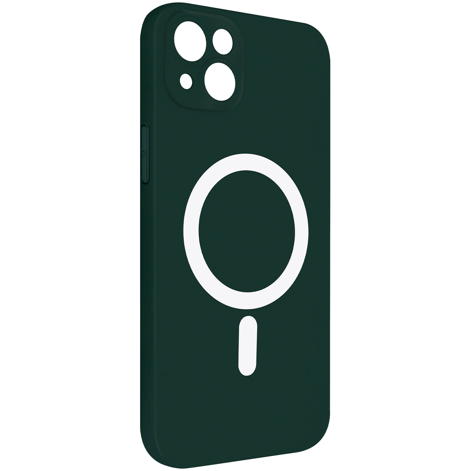 Custodia per telefono verde scuro con cerchio MagSafe bianco e rettangolo bianco sotto.