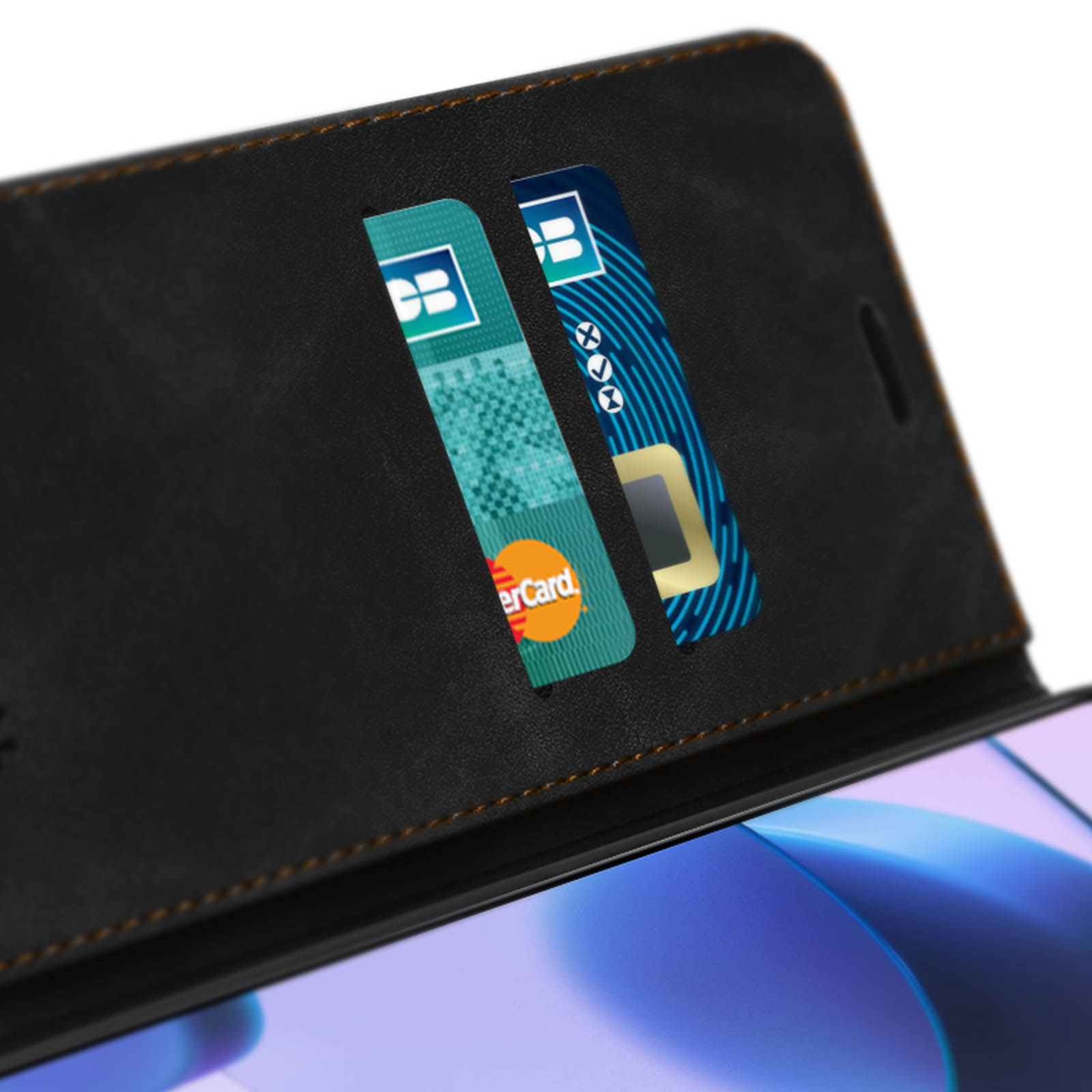 Custodia per telefono nera con porta anello. Sfondo grigio.