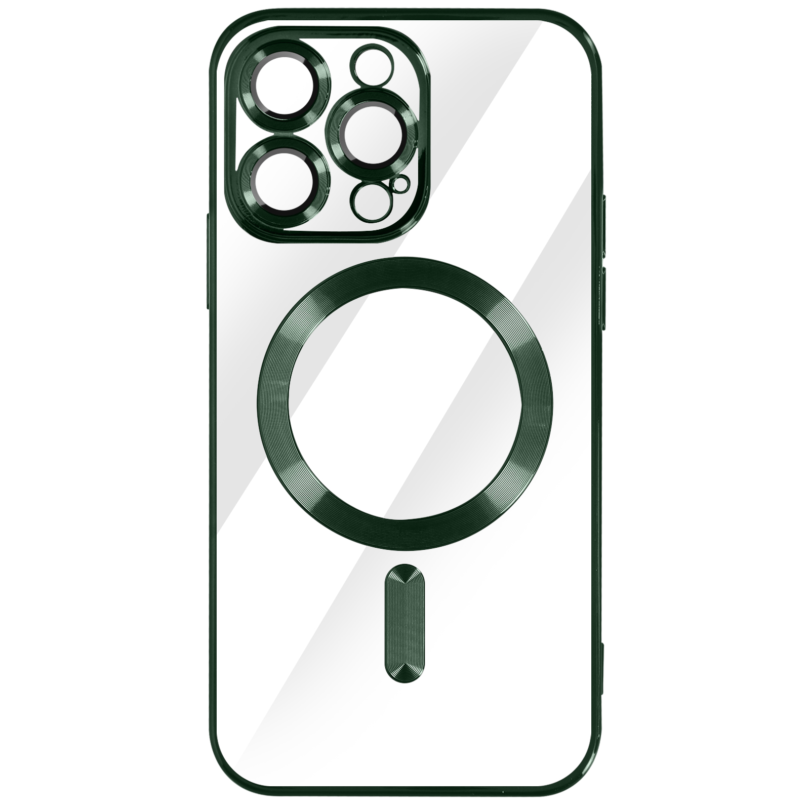Custodia per telefono verde e trasparente con fori per la fotocamera e anello magnetico. La custodia è lucida.