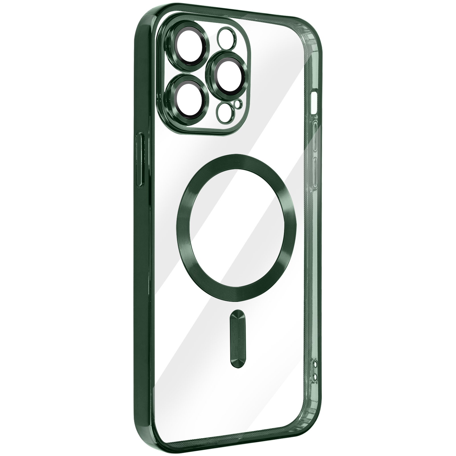 Custodia per telefono trasparente verde. Ha ritagli per la fotocamera e un attacco magnetico circolare sul retro.