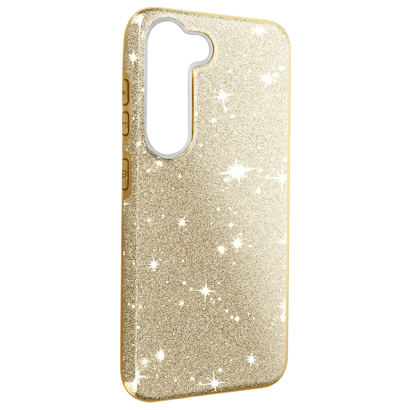 Custodia dorata scintillante con apertura fotocamera e pulsanti laterali. Design glitterato.