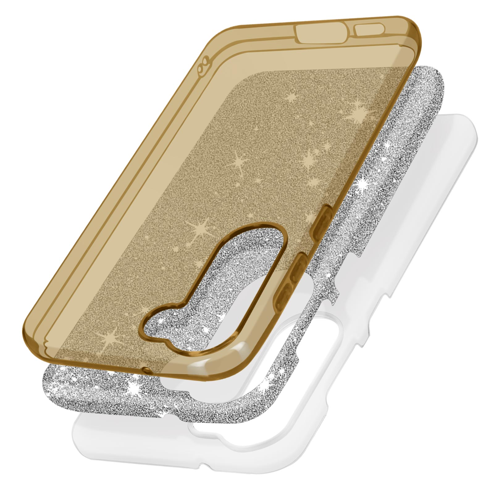 Custodia per telefono a strati in oro e argento, vista esplosa. Trasparente con glitter, cornice bianca.