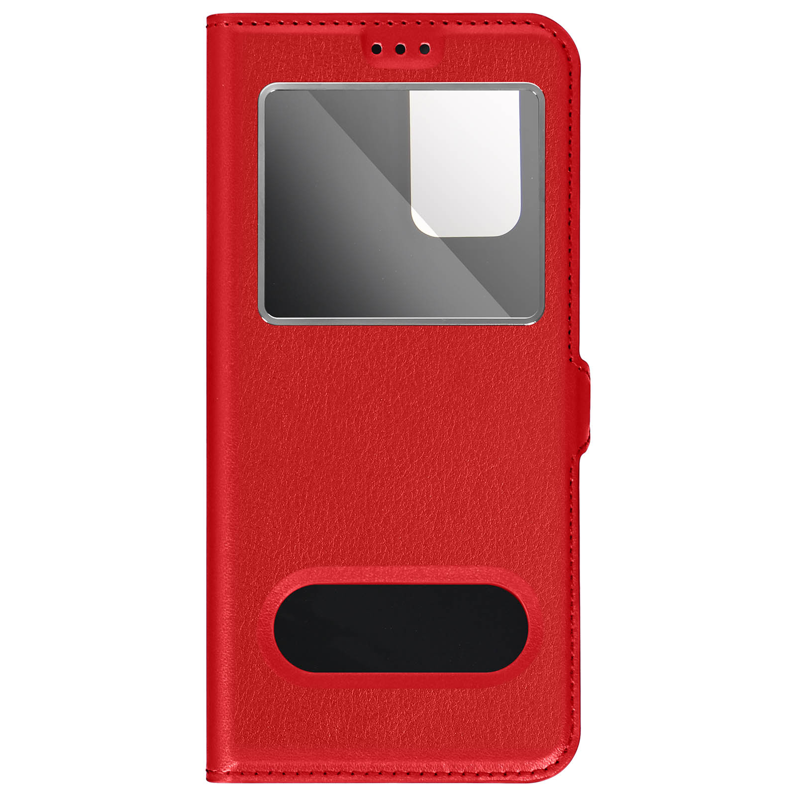 Custodia per telefono rossa con finestra fotocamera e ritaglio in basso su sfondo bianco.
