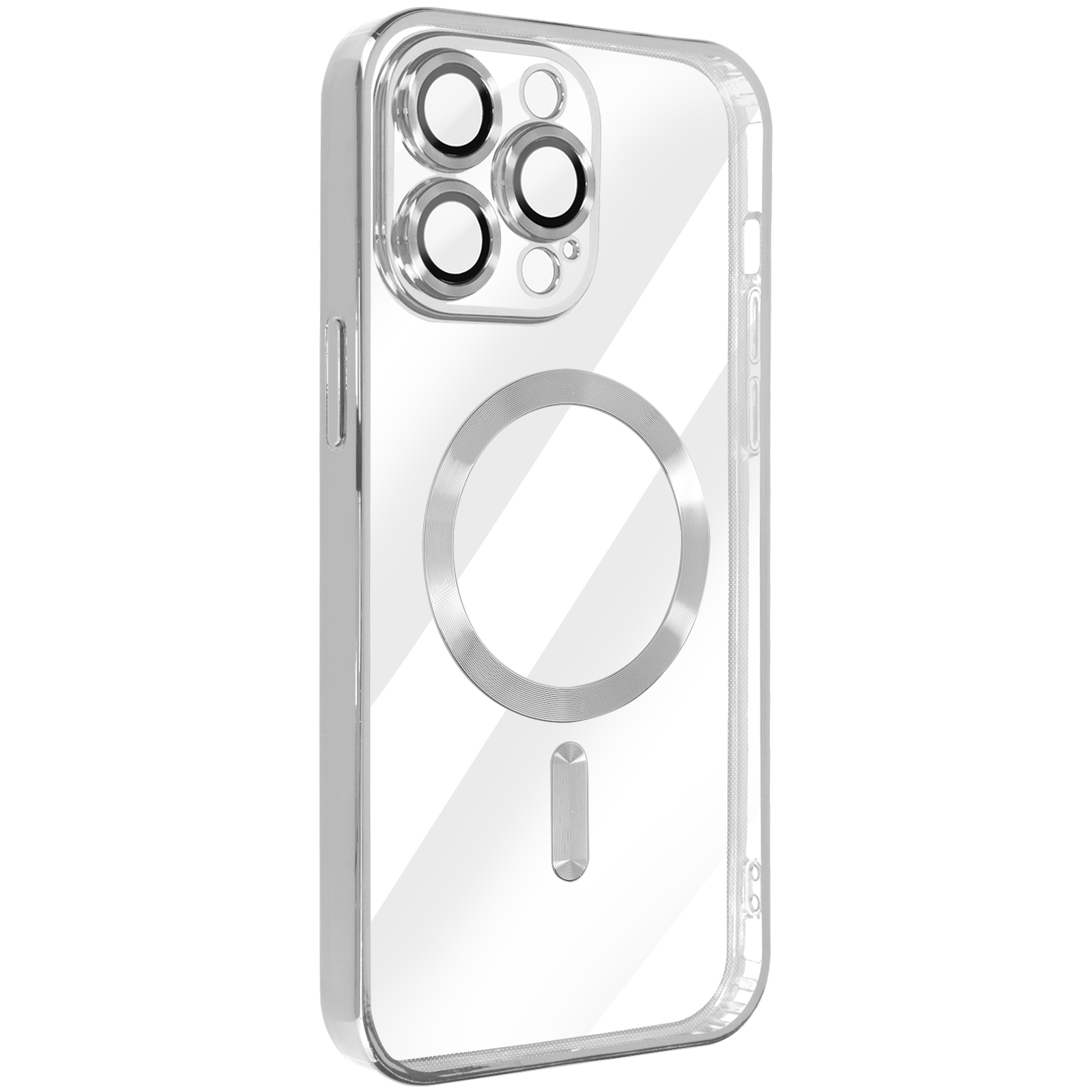 Transparante telefoonhoes met een witte cirkel en minteken, drie cameralenzen zichtbaar.