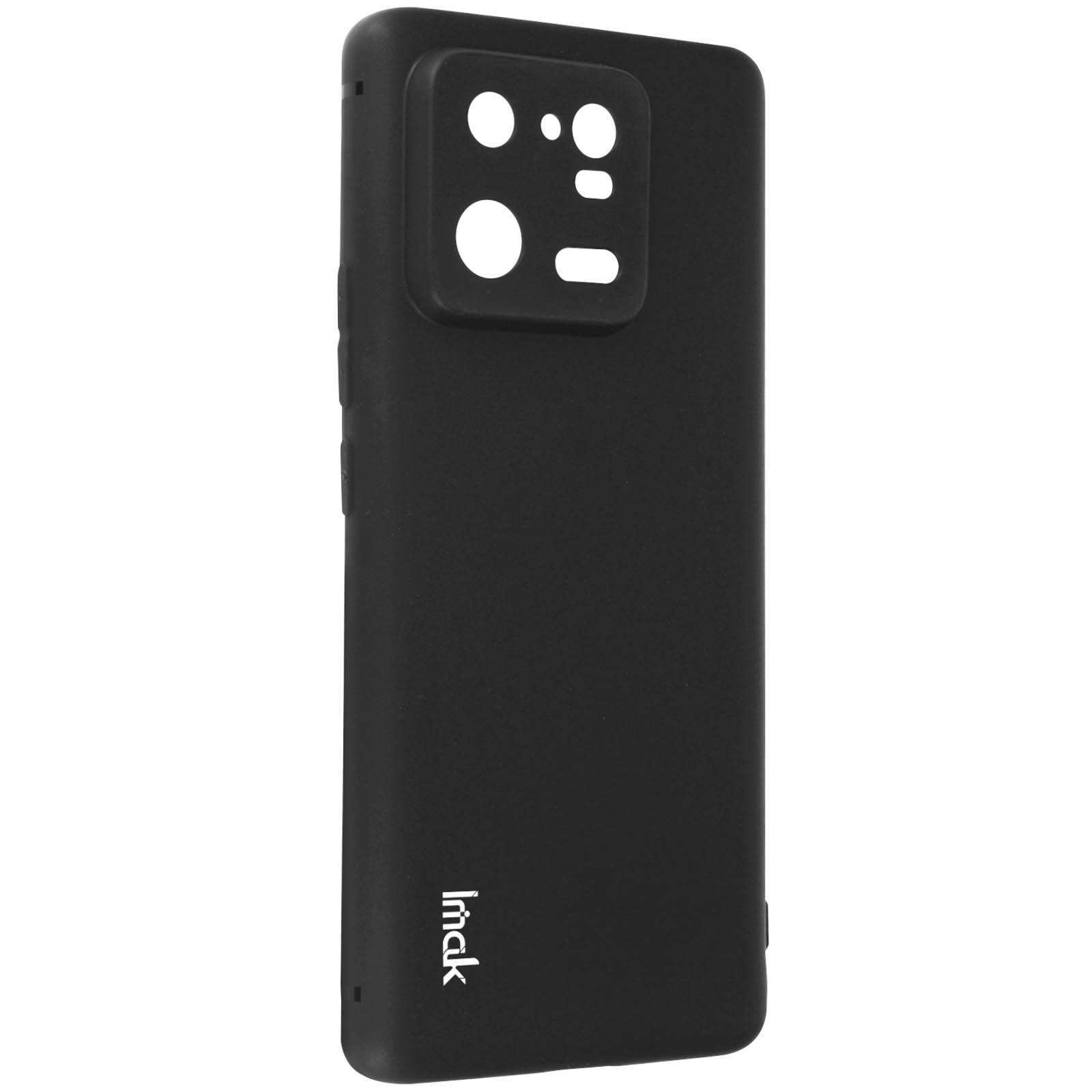 Custodia per telefono nera con ritagli per la fotocamera e un logo. La custodia è liscia con bordi arrotondati.