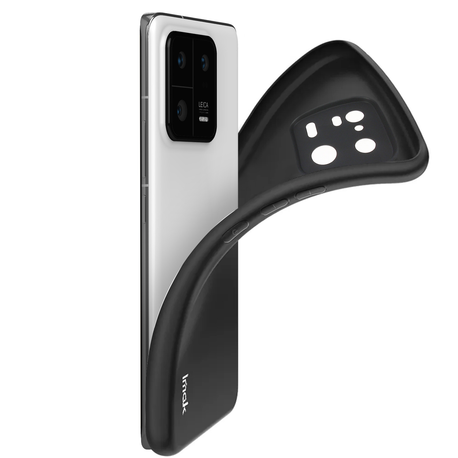 Telefono bianco con custodia nera. La custodia viene rimossa, rivelando il retro del telefono.