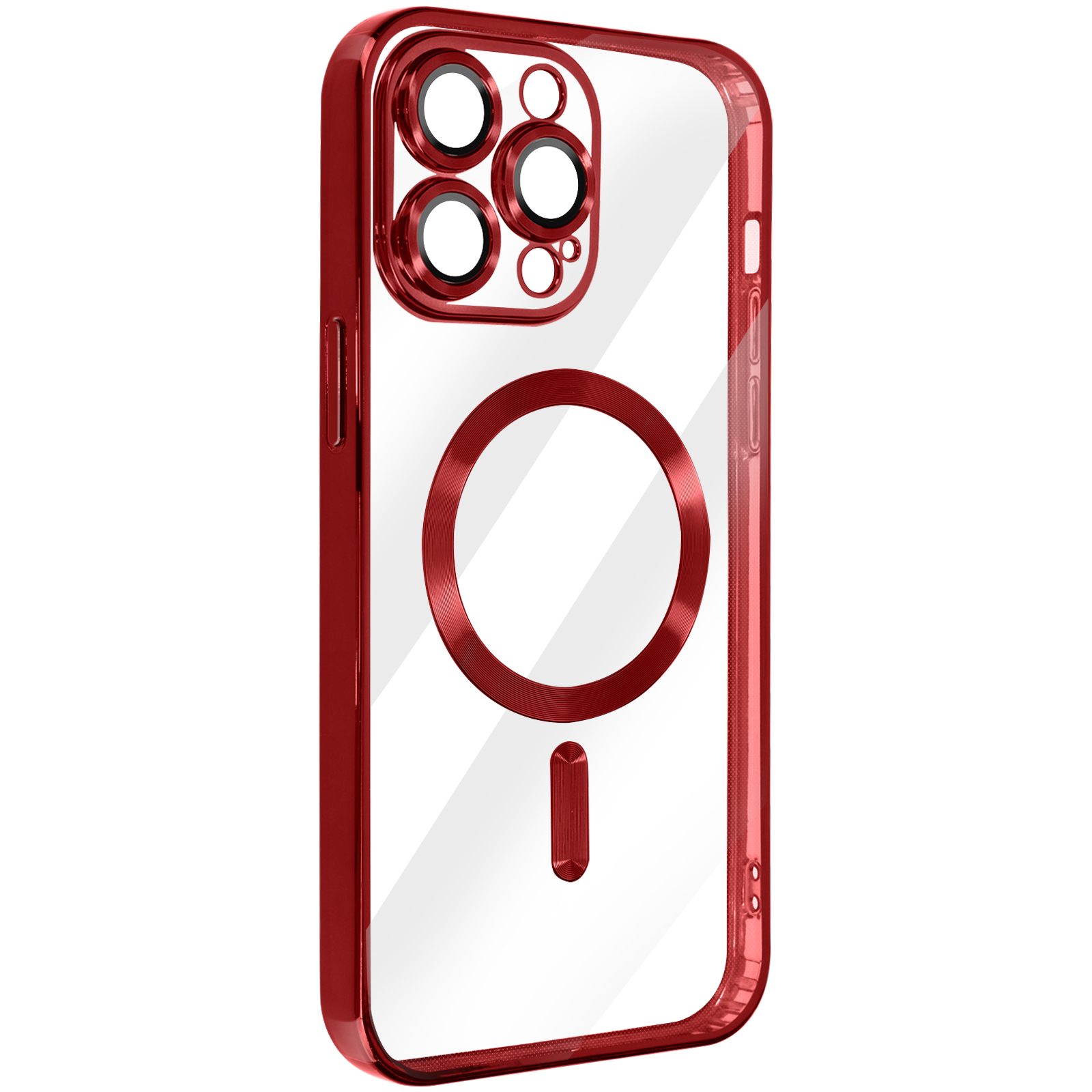 Custodia per telefono rossa con ritagli per fotocamera e cerchio magnetico.