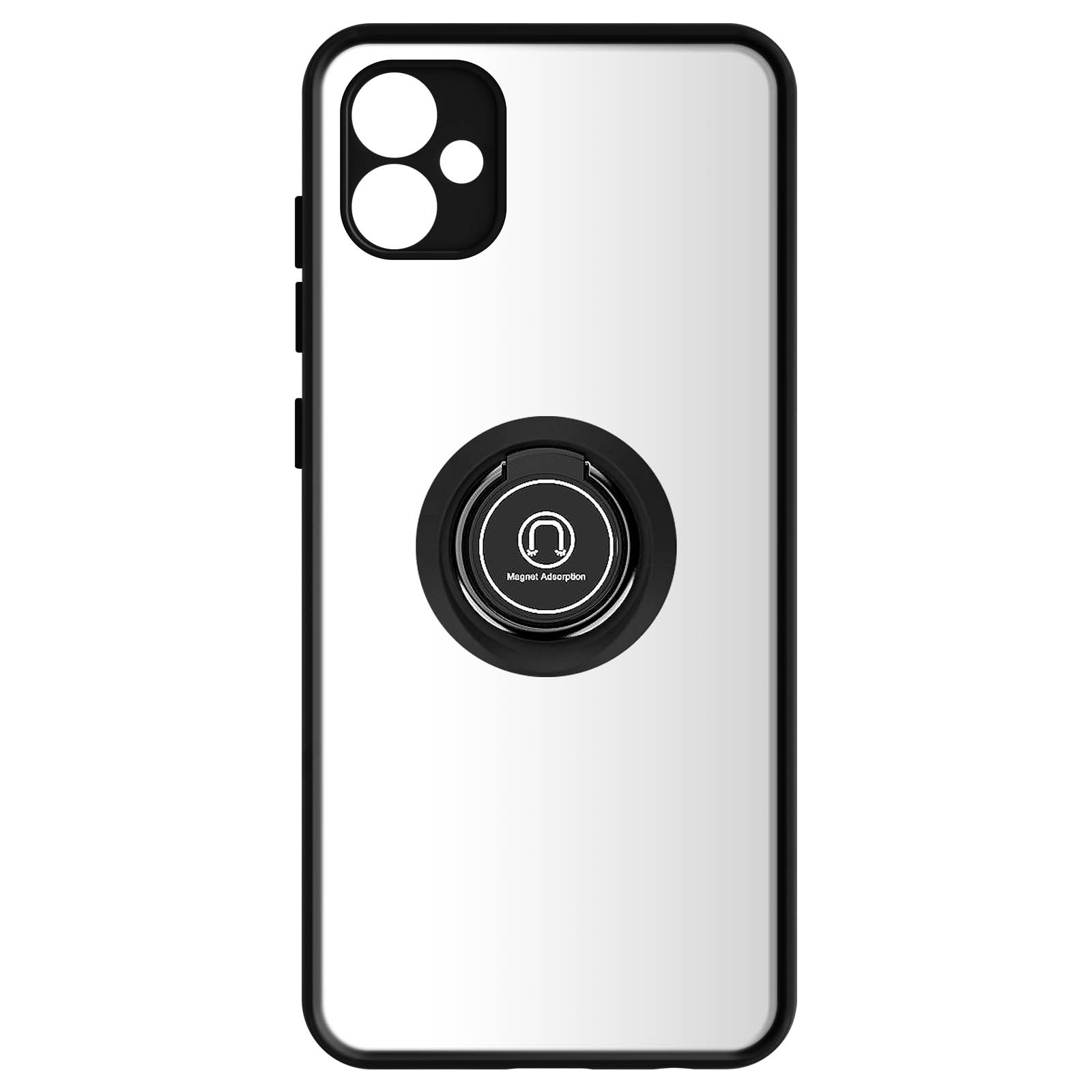 Custodia bianca per telefono con anello nero. L'anello è al centro. Testo Magnet Adsorption visibile.