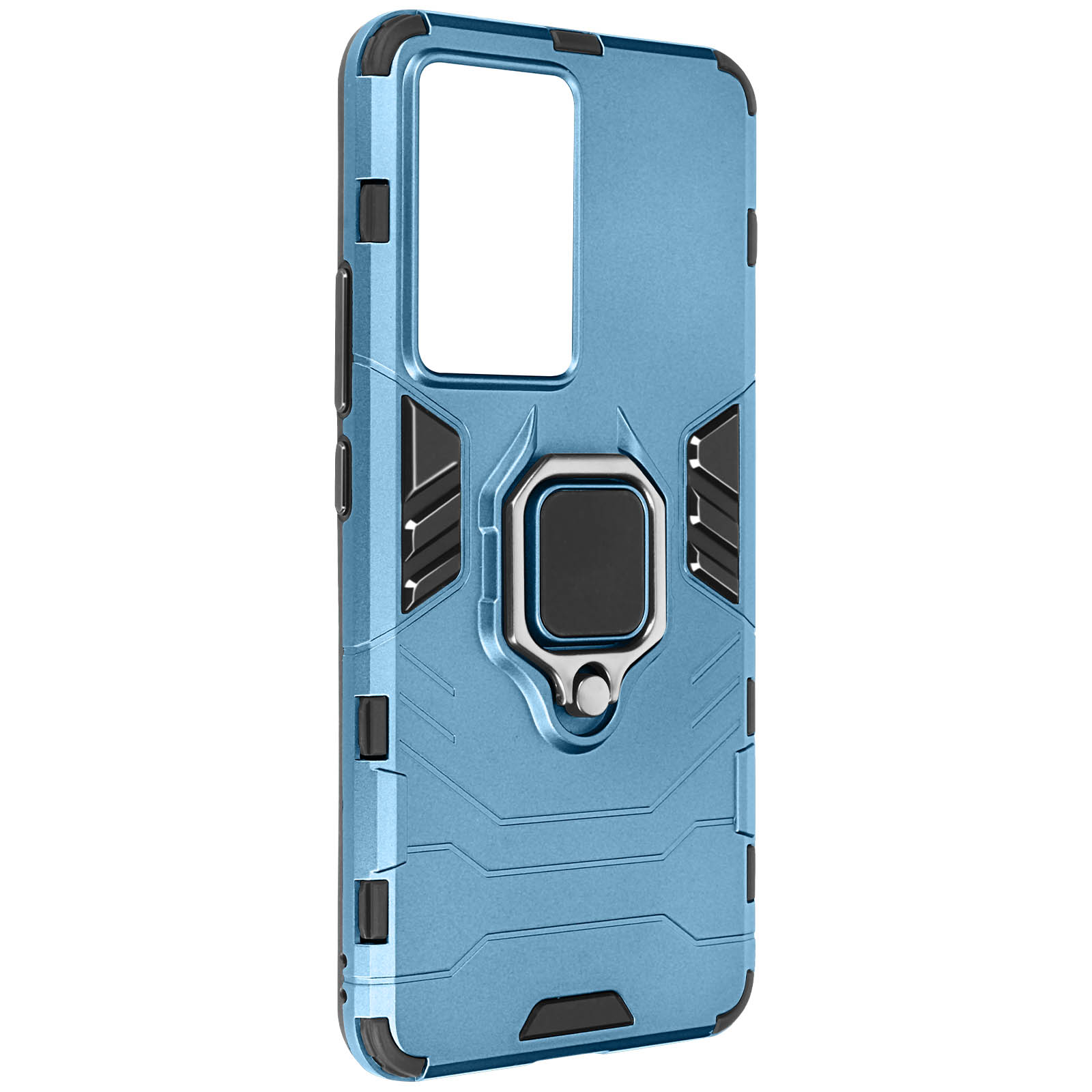 Custodia blu per telefono con cavalletto e supporto ad anello. La custodia è su una superficie bianca.