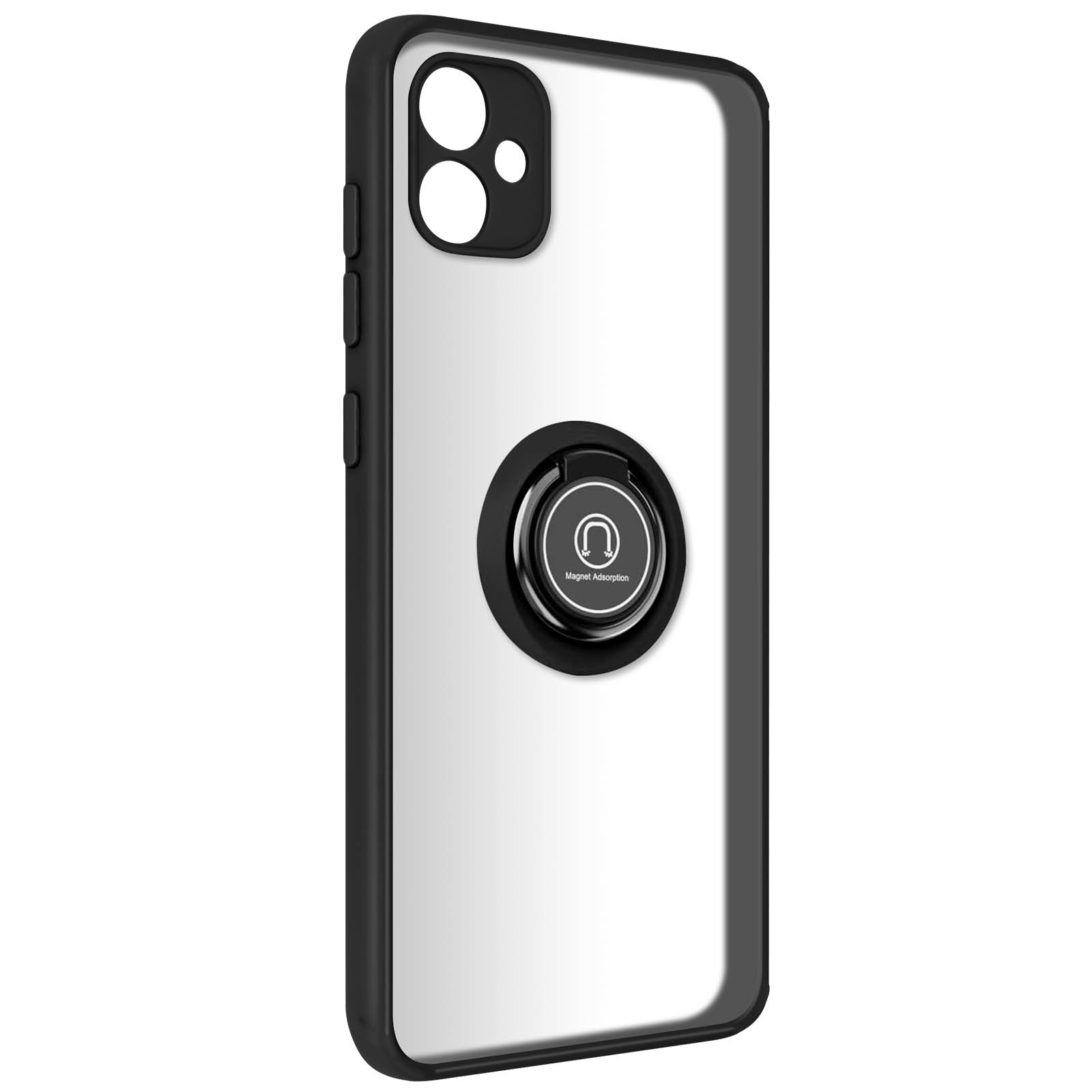 Una custodia per telefono nera e trasparente con un porta anello sul retro.