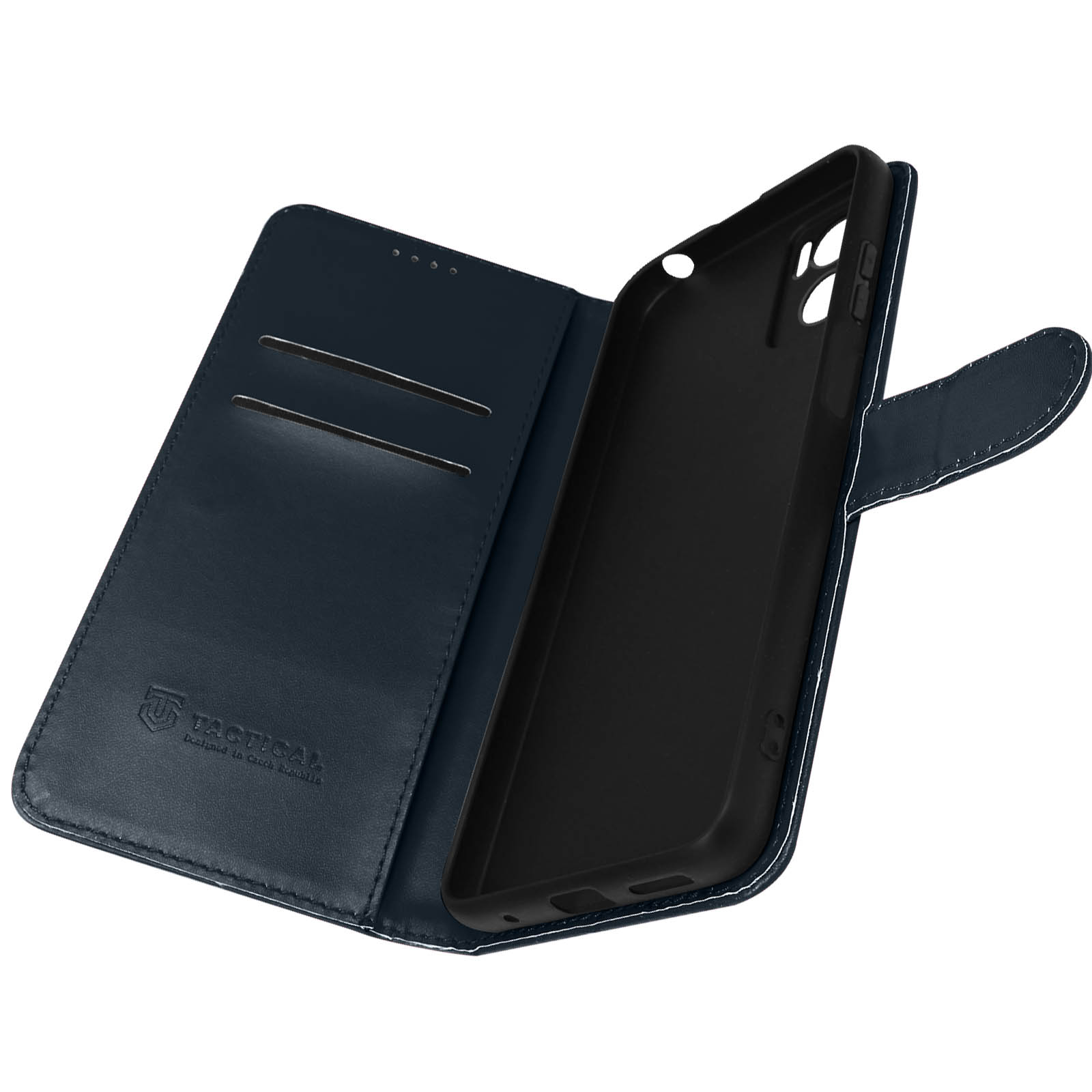 Dunkelblaue Handyhülle im Brieftaschenstil. Geöffnet, zeigt den Telefonhalter und Kartenfächer.