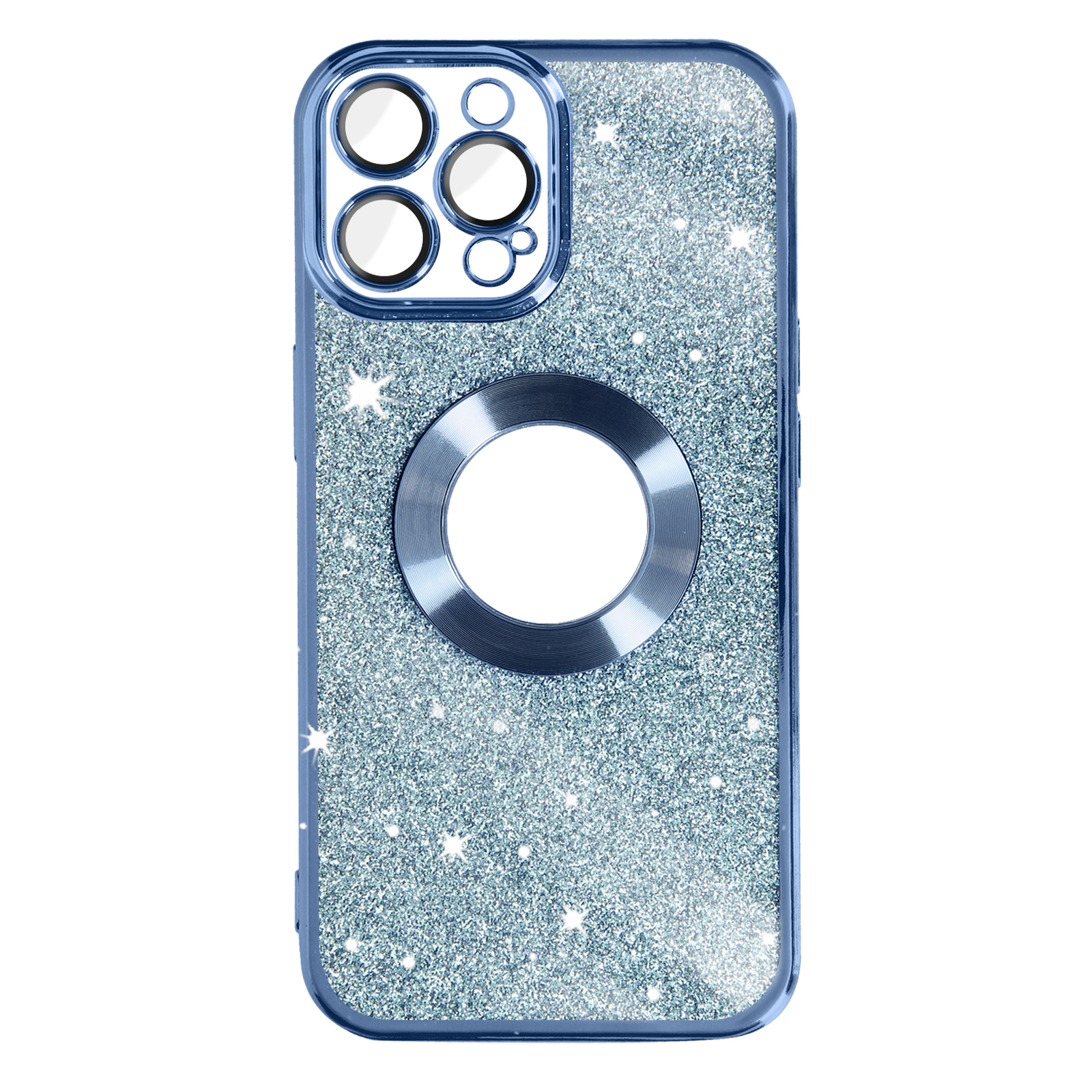 Custodia blu per telefono con glitter e ritagli per fotocamera. Ha un aspetto scintillante e un ritaglio circolare.