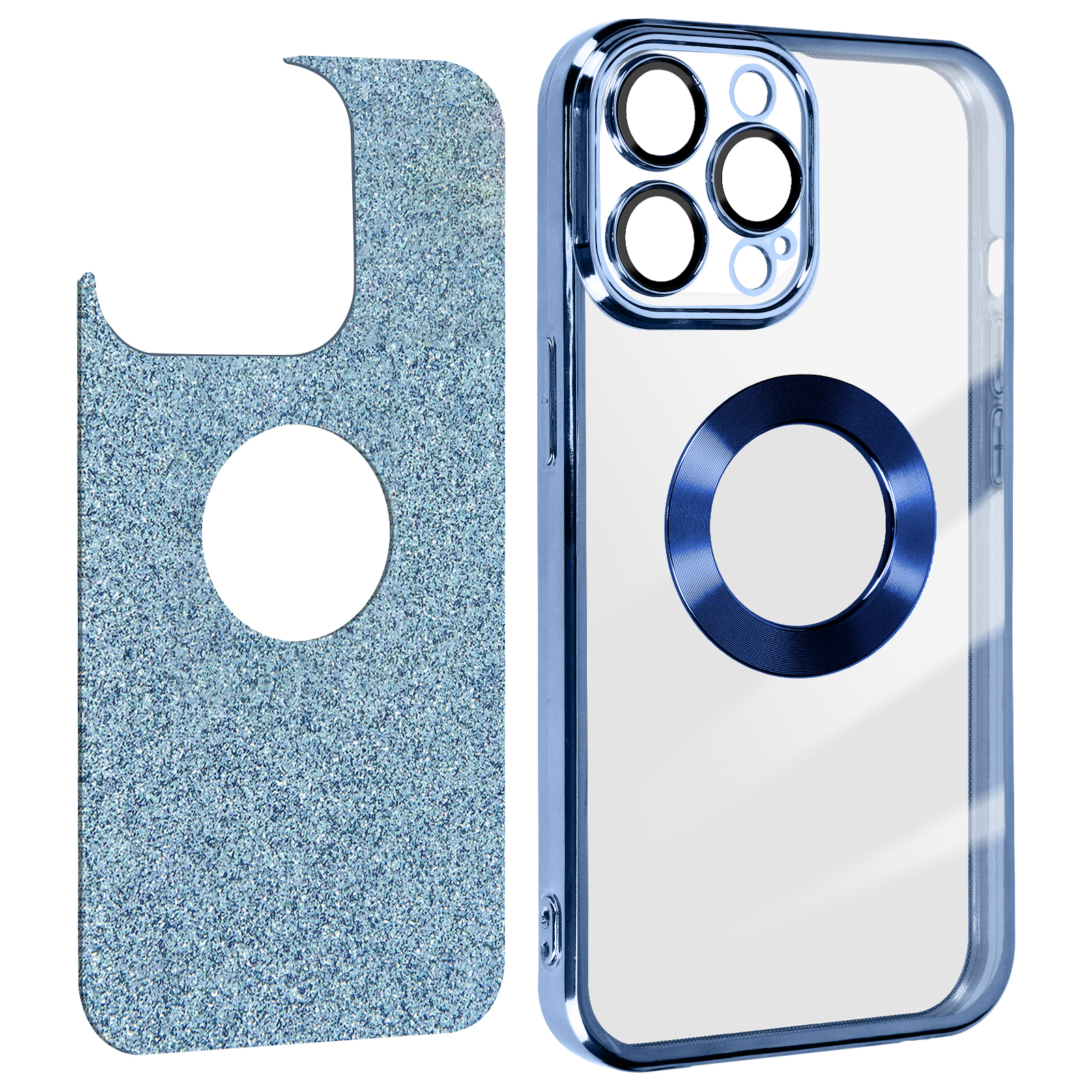 Custodia blu per telefono con ritaglio per la fotocamera e supporto separato.