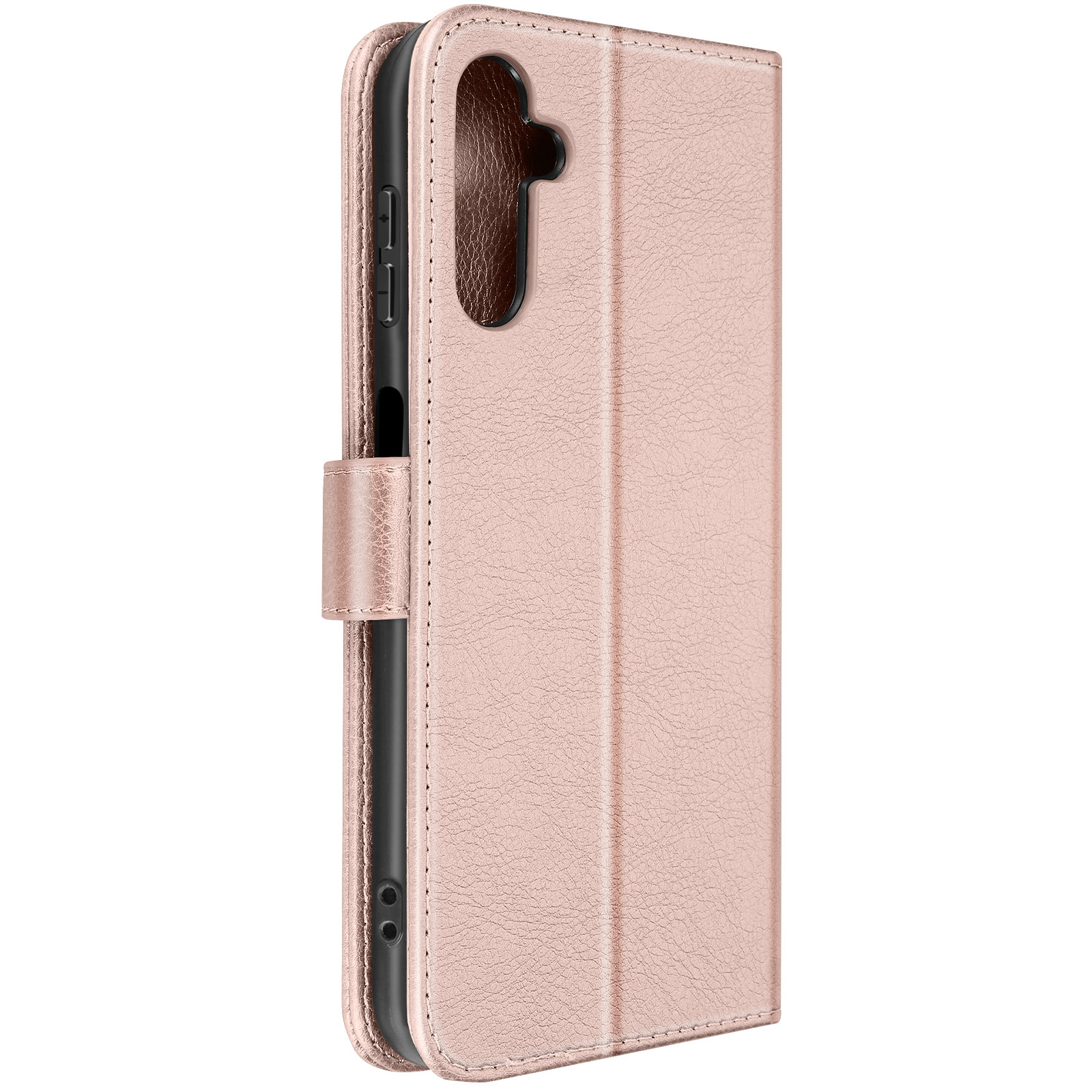 Rosa Leder-Handyhülle mit Magnetverschluss. Es ist eine Brieftaschen-Hülle.