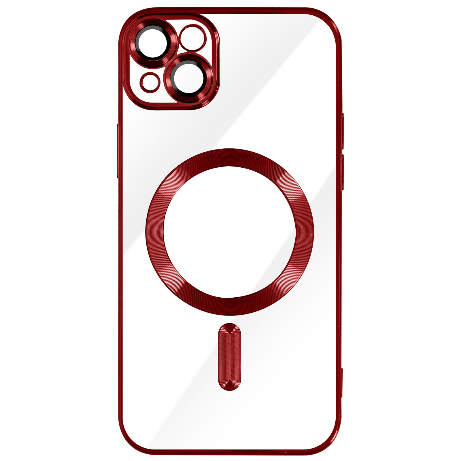 Coque transparente avec anneau et accents rouges, fond blanc.