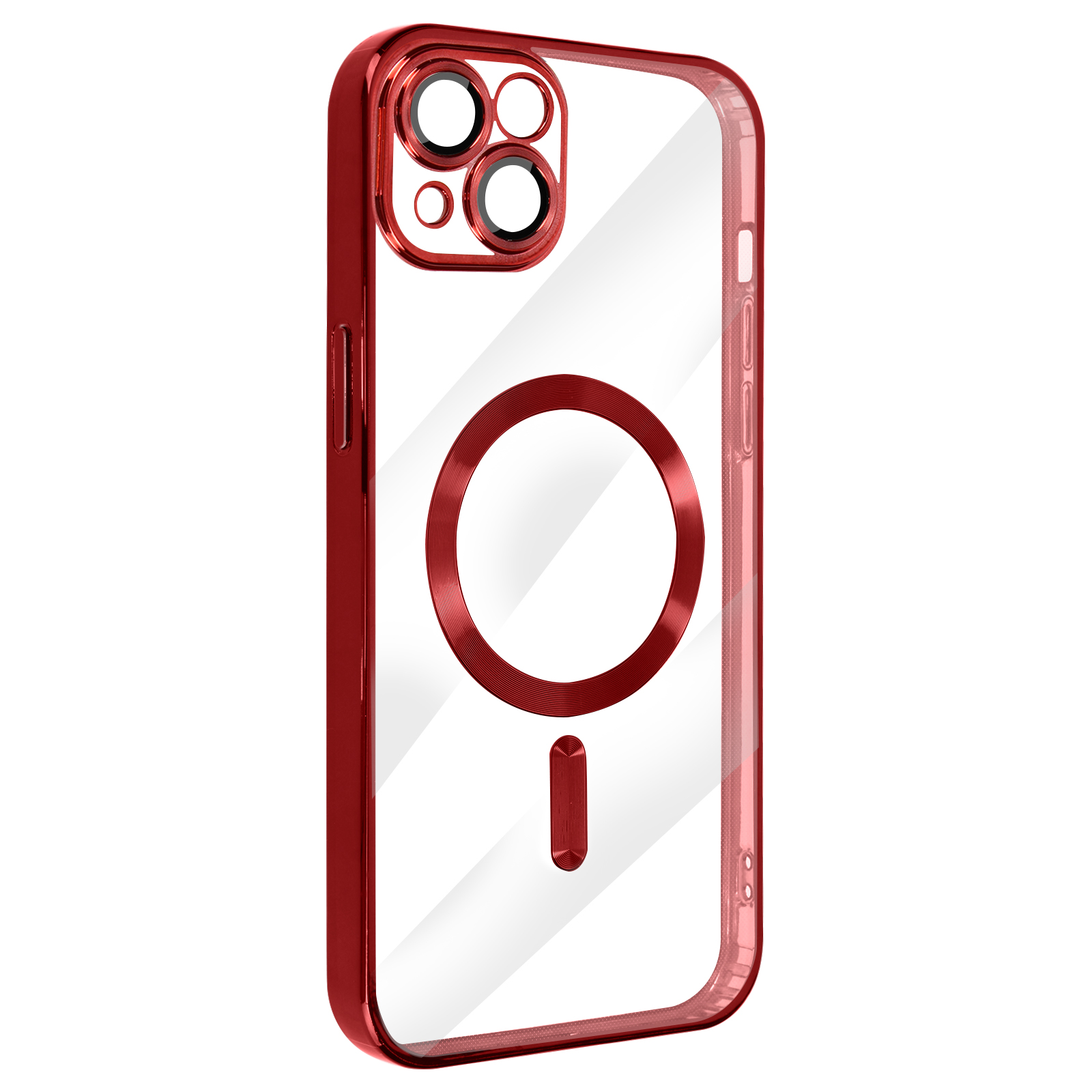 Coque de téléphone rouge avec dos transparent et anneau magnétique. Bords et anneau de caméra rouges.