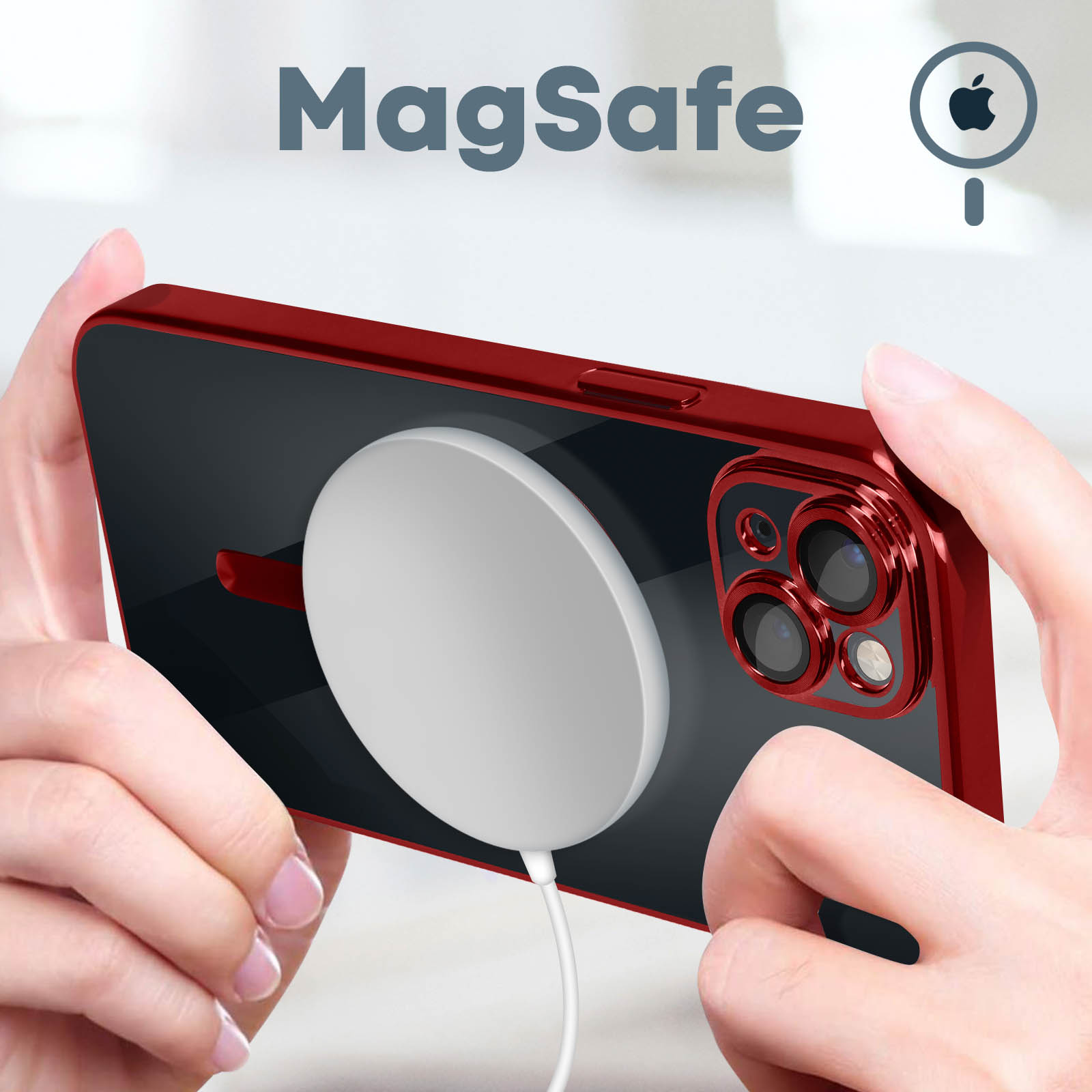 Une coque de téléphone rouge avec un chargeur MagSafe blanc attaché.