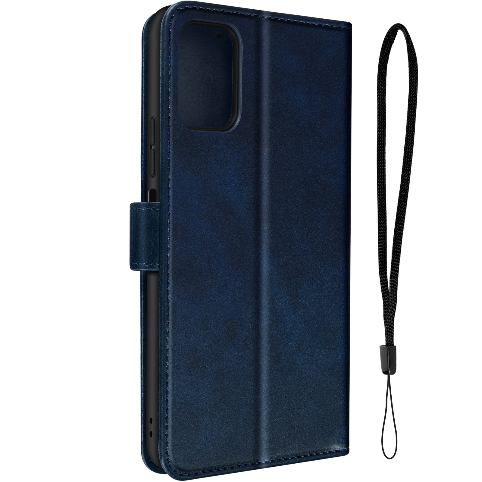 Custodia per telefono in pelle blu con cinturino nero. Aperta, mostrando lo schermo.