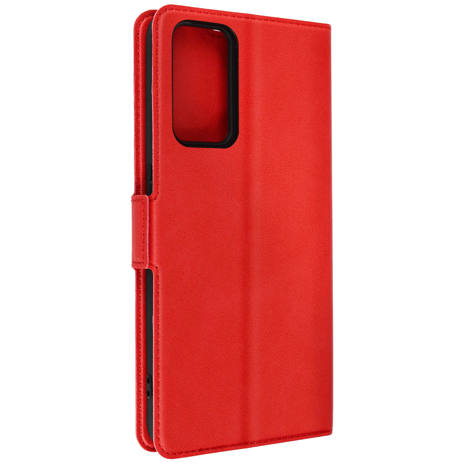 Custodia rossa per telefono, chiusa, che mostra il retro e il lato con chiusura magnetica.