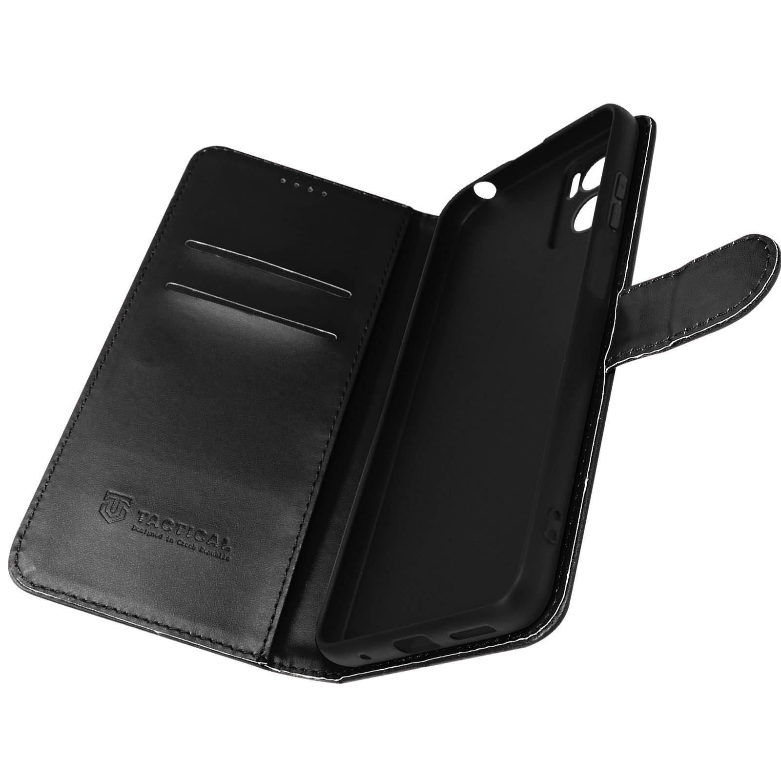 Geöffnete schwarze Telefonbrieftasche, die Steckplätze für Karten und das Telefon zeigt.