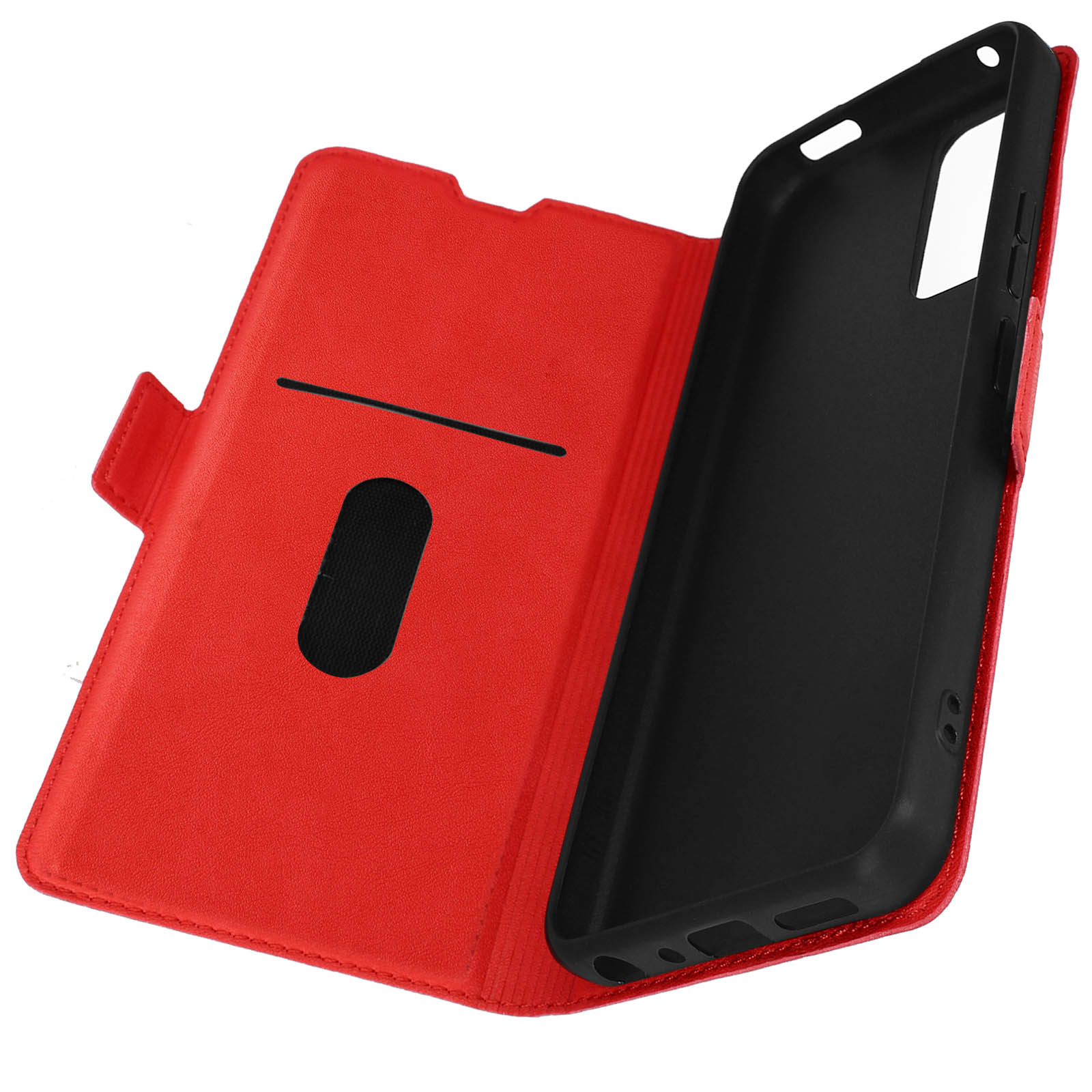 Custodia rossa aperta, che rivela telefono e fessura per carte, interno nero, sfondo bianco.