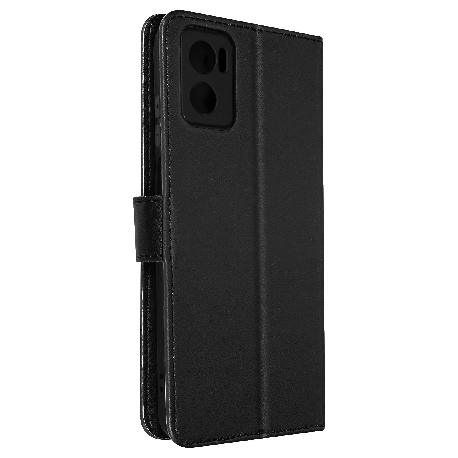 Eine geschlossene schwarze Handyhülle mit Knopf und einem Loch für die Handykamera.