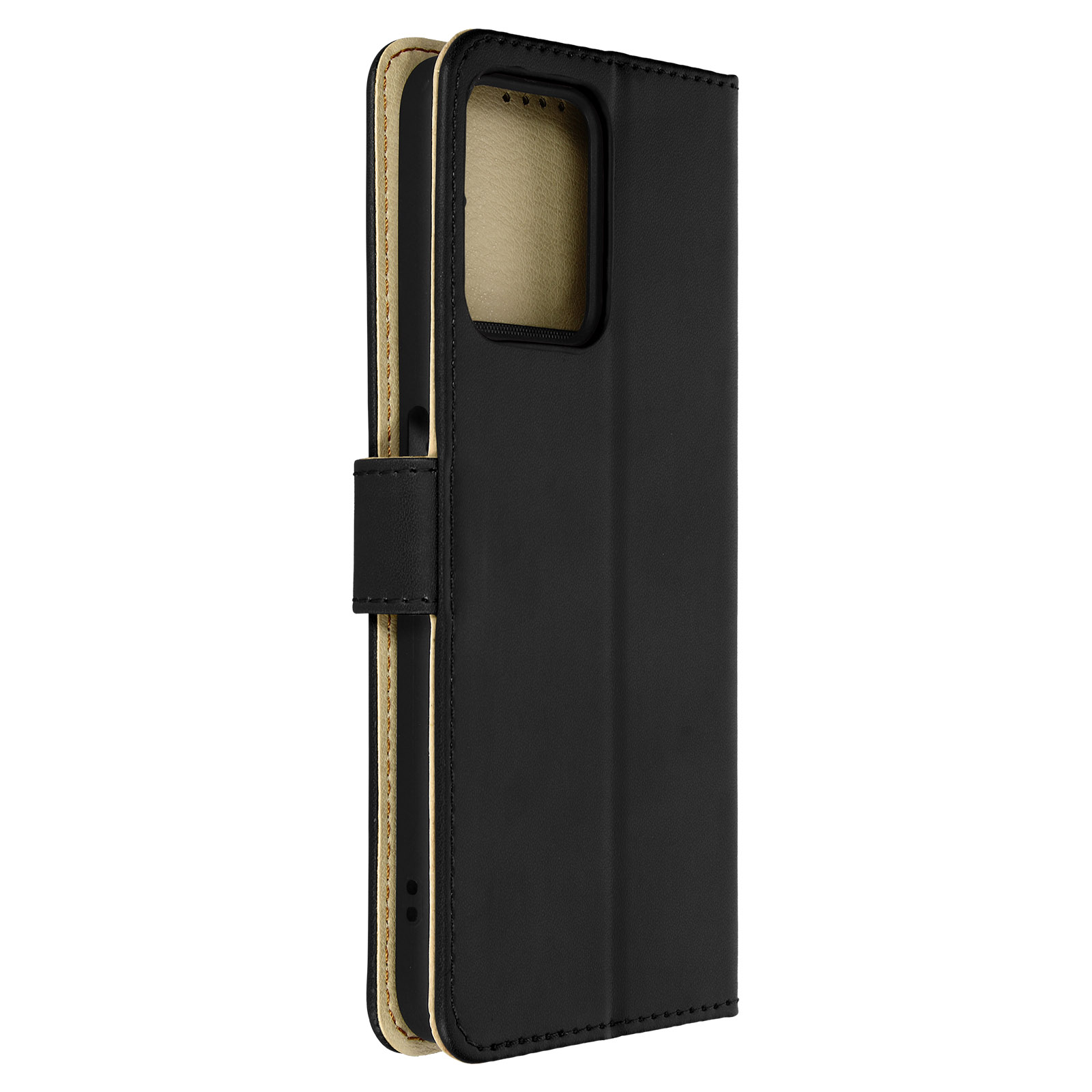 Custodia per telefono in pelle nera, chiusa. Interno beige, chiusura magnetica. Sfondo bianco.