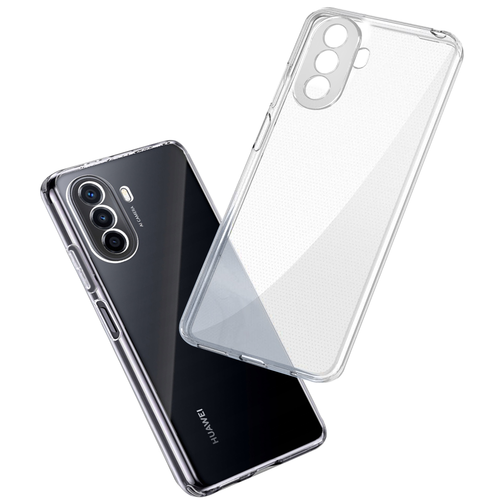 Custodie trasparenti per telefono, una su un telefono, l'altra a lato, che mostra l'intaglio della fotocamera.