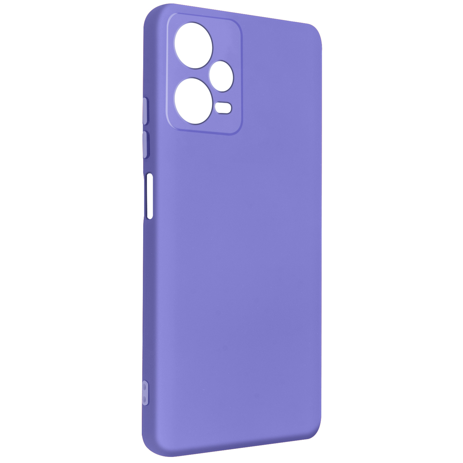 Custodia per telefono viola con tre fori per fotocamera e pulsanti laterali. Ha una superficie liscia.