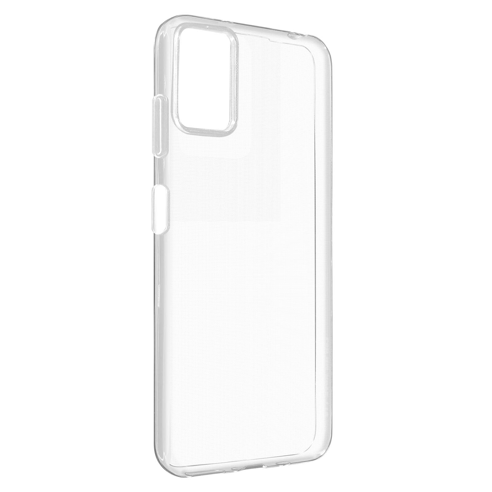 Una custodia trasparente per telefono, con ritagli per fotocamera e pulsanti.