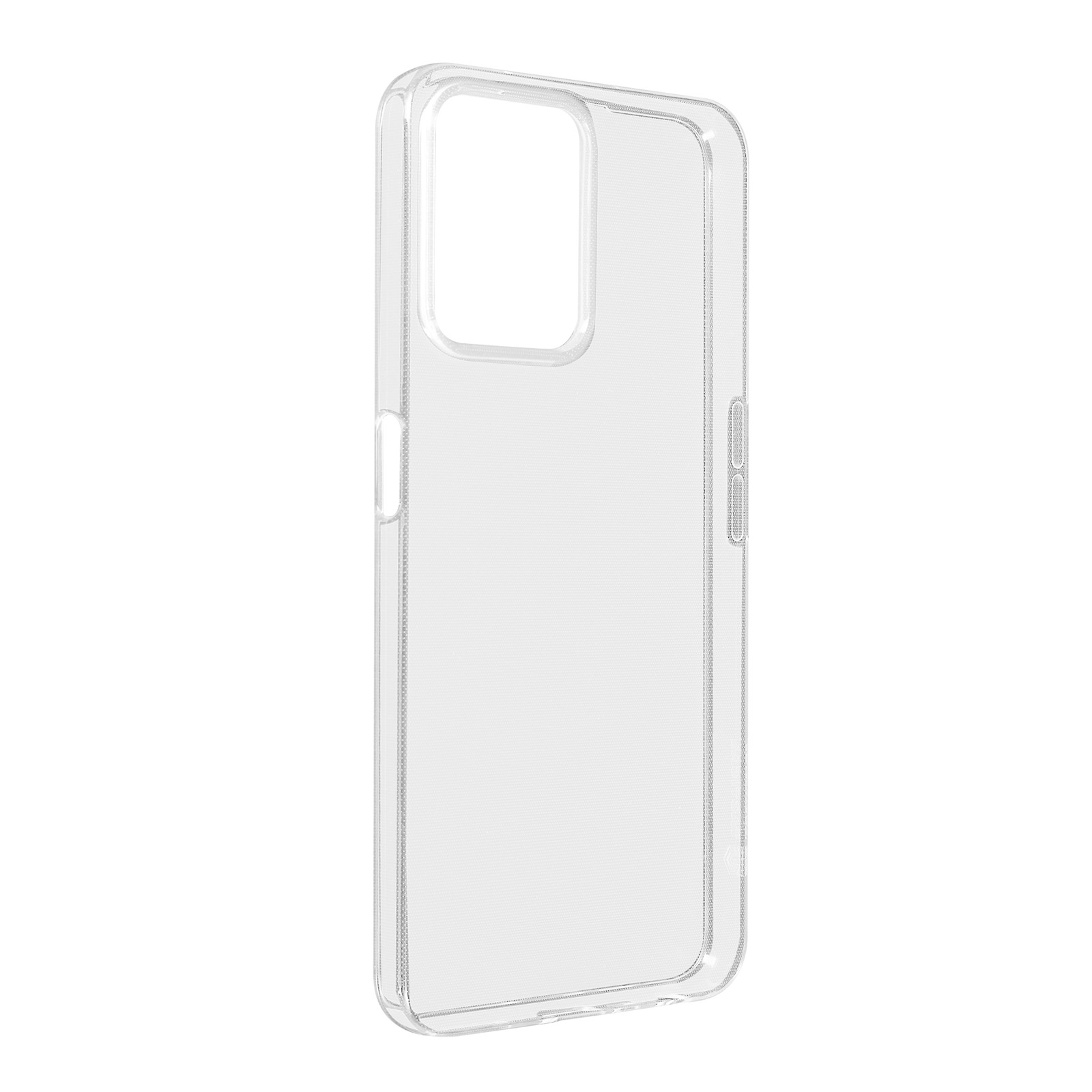 Custodia trasparente per telefono. Design semplice, trasparente, forma rettangolare su sfondo bianco.