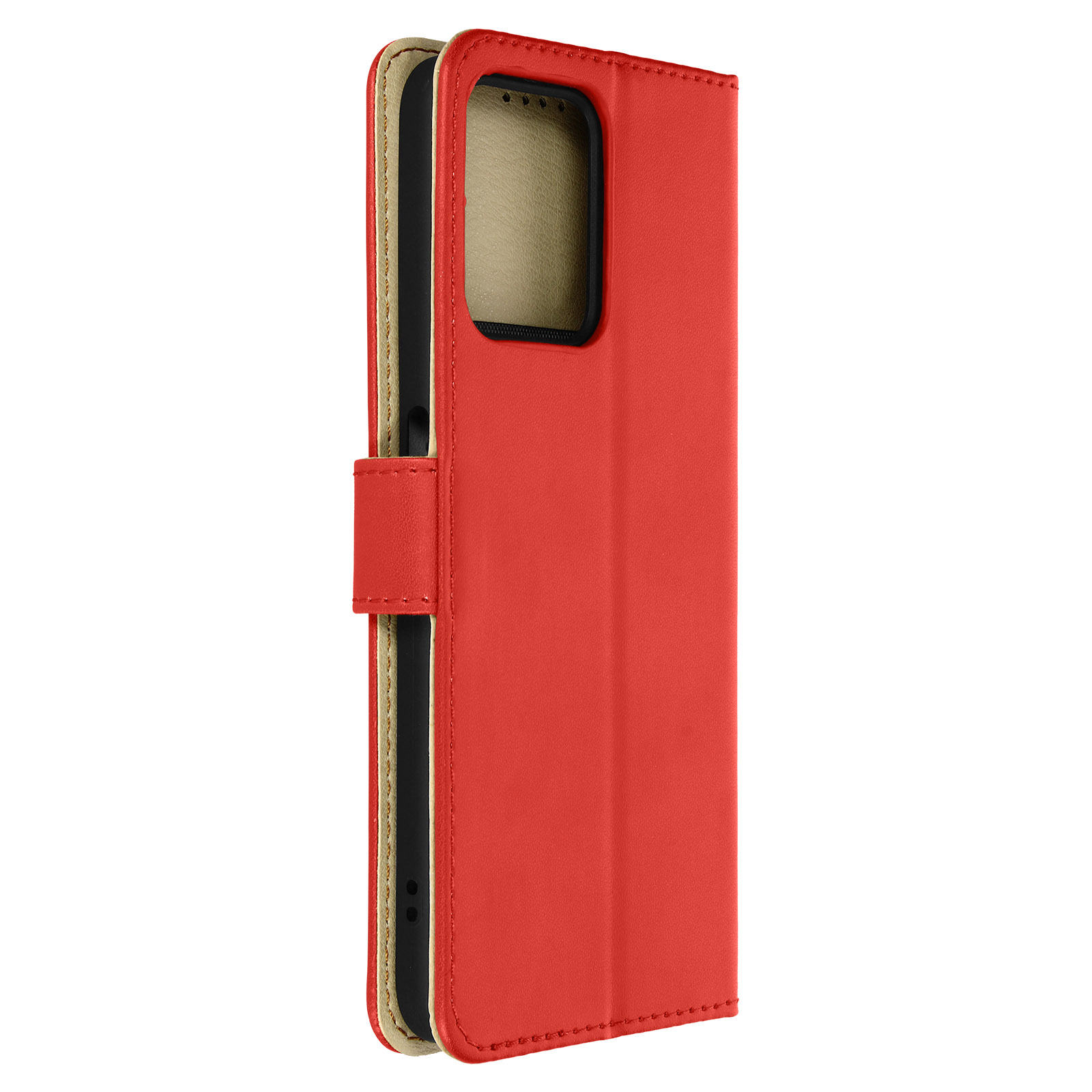 Custodia per telefono rossa con chiusura magnetica. Interno beige con un telefono.