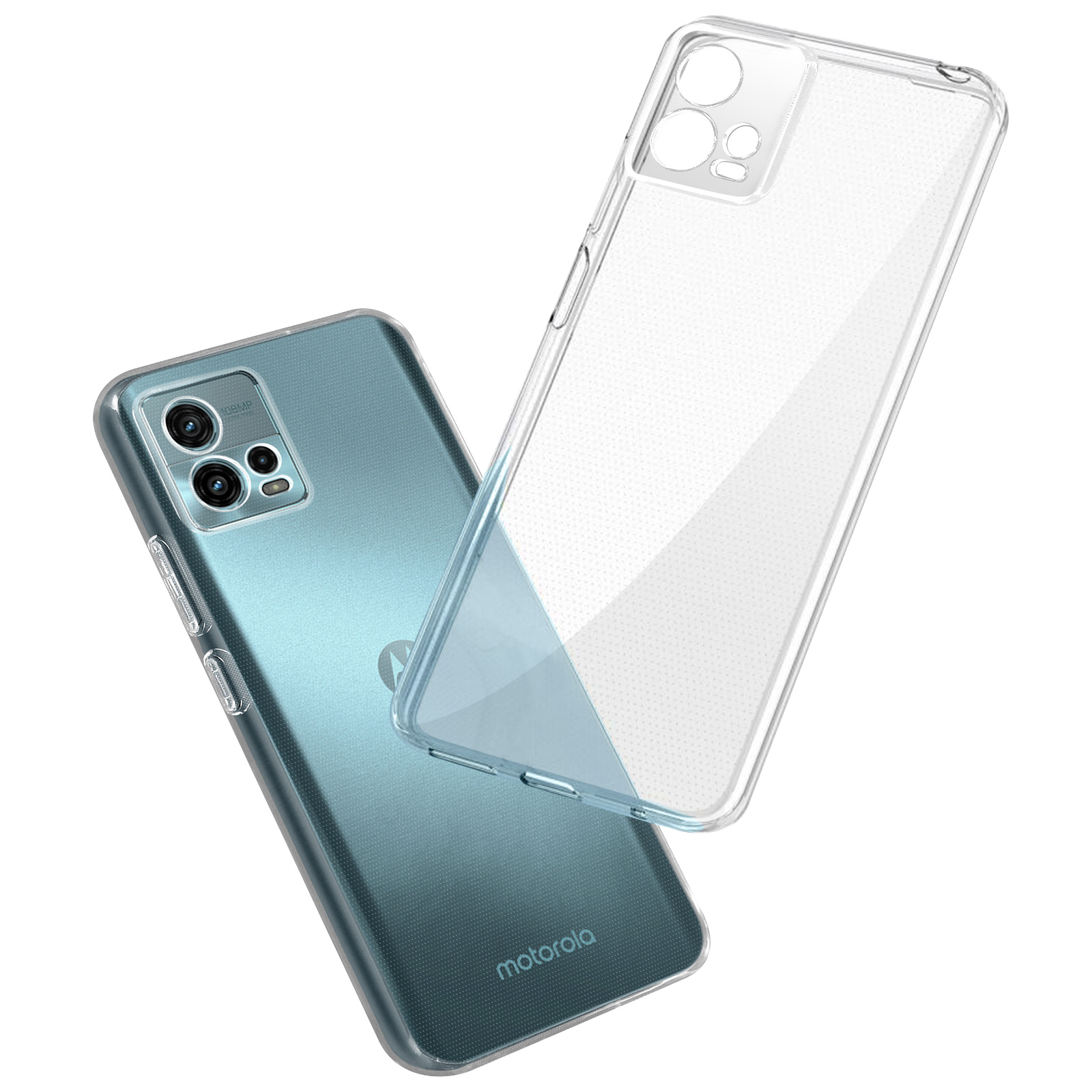 Custodia trasparente su un telefono verde acqua. Un'altra custodia sullo sfondo.