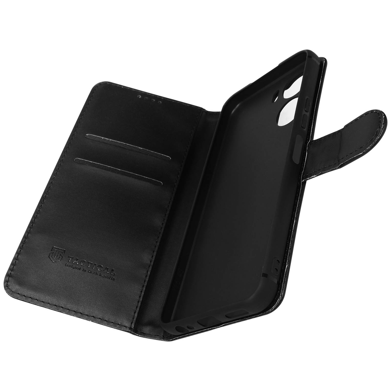 Custodia in pelle nera, aperta, che mostra scomparti e contorno del telefono.
