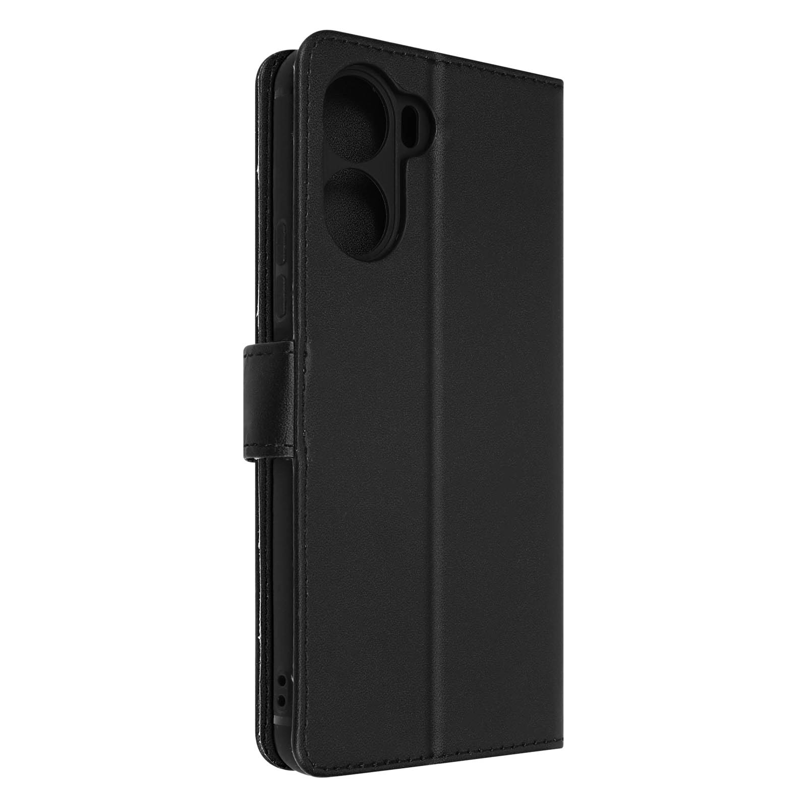 Una custodia per telefono nera, aperta, con telefono visibile, ha un porta carte.