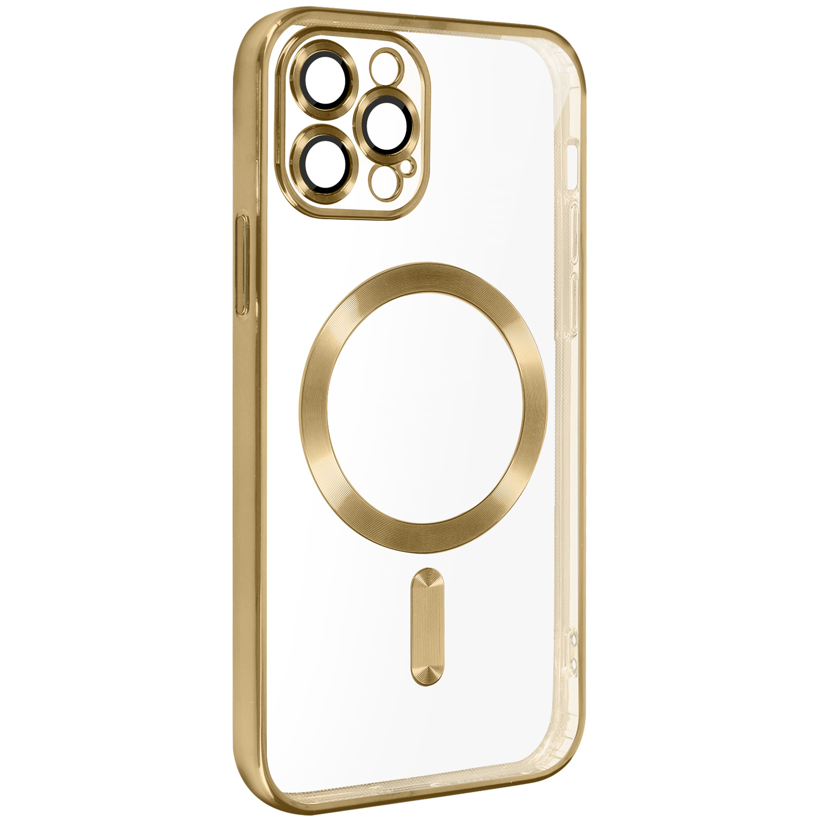 Custodia per telefono dorata con ritagli per fotocamera e un cerchio magnetico, su sfondo bianco.