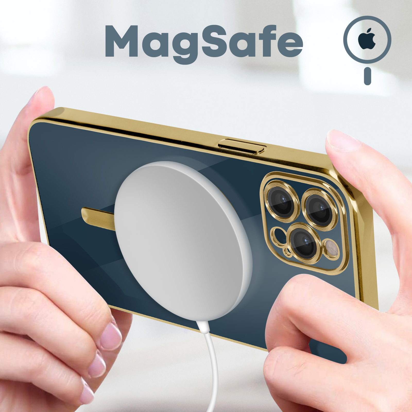 Custodia del telefono con MagSafe, tenuta in mano, che mostra il caricatore circolare.