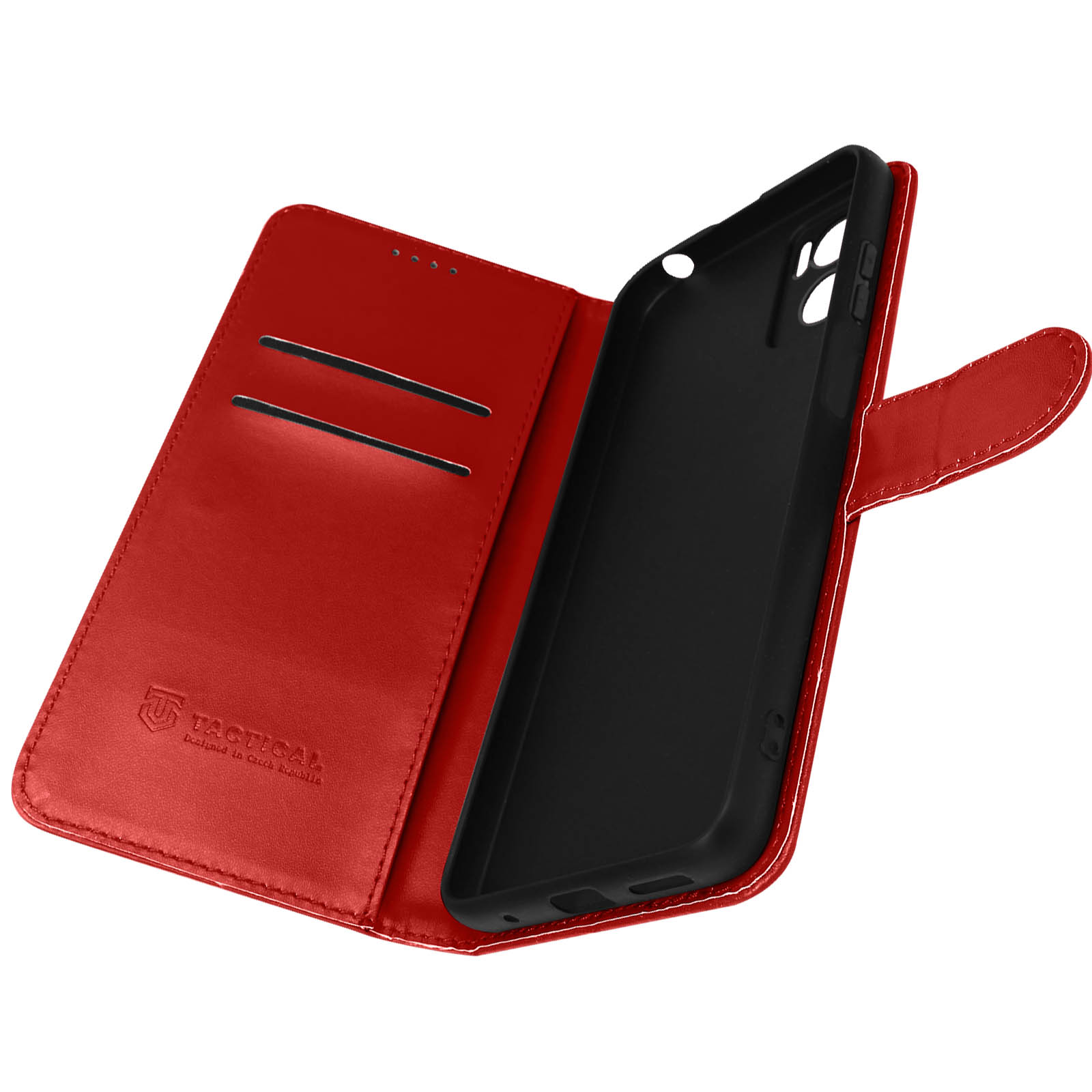 Rote Geldbörsen-Handyhülle, offen. Schwarzes Telefoninnere. Kartenfächer sichtbar.