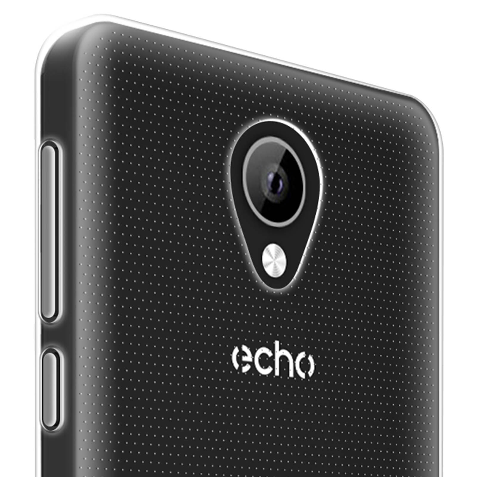 Primo piano di un telefono nero con obiettivo della fotocamera e il logo 'echo'.