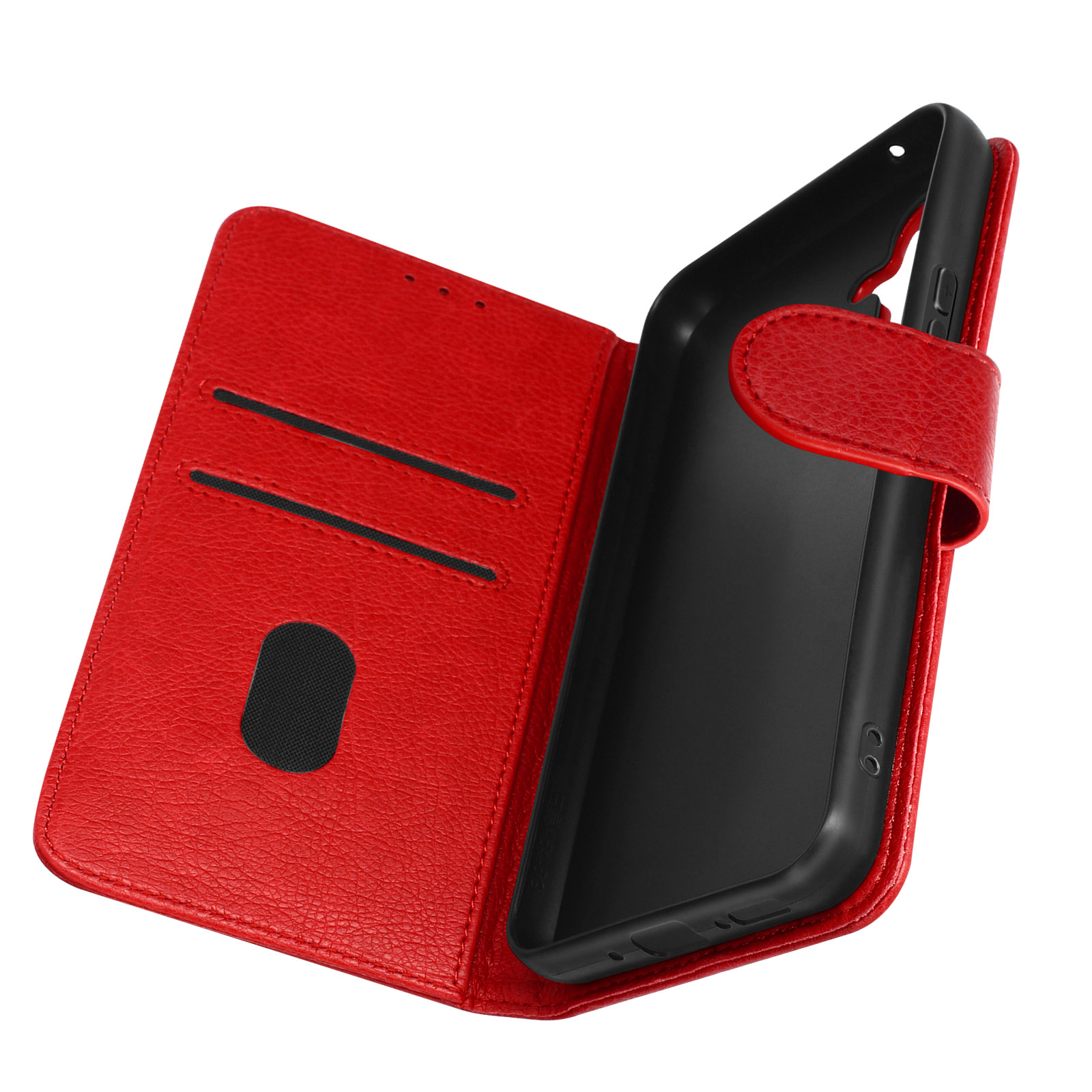 Custodia per telefono rossa, aperta, con un telefono. Le fessure per le carte sono visibili. La custodia è simile alla pelle.