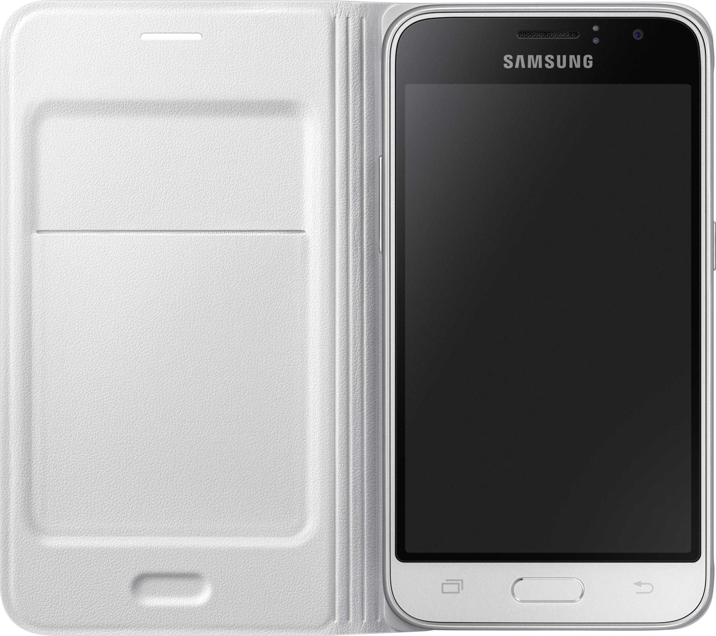 Custodia bianca per telefono con custodia a libro, logo Samsung in alto.
