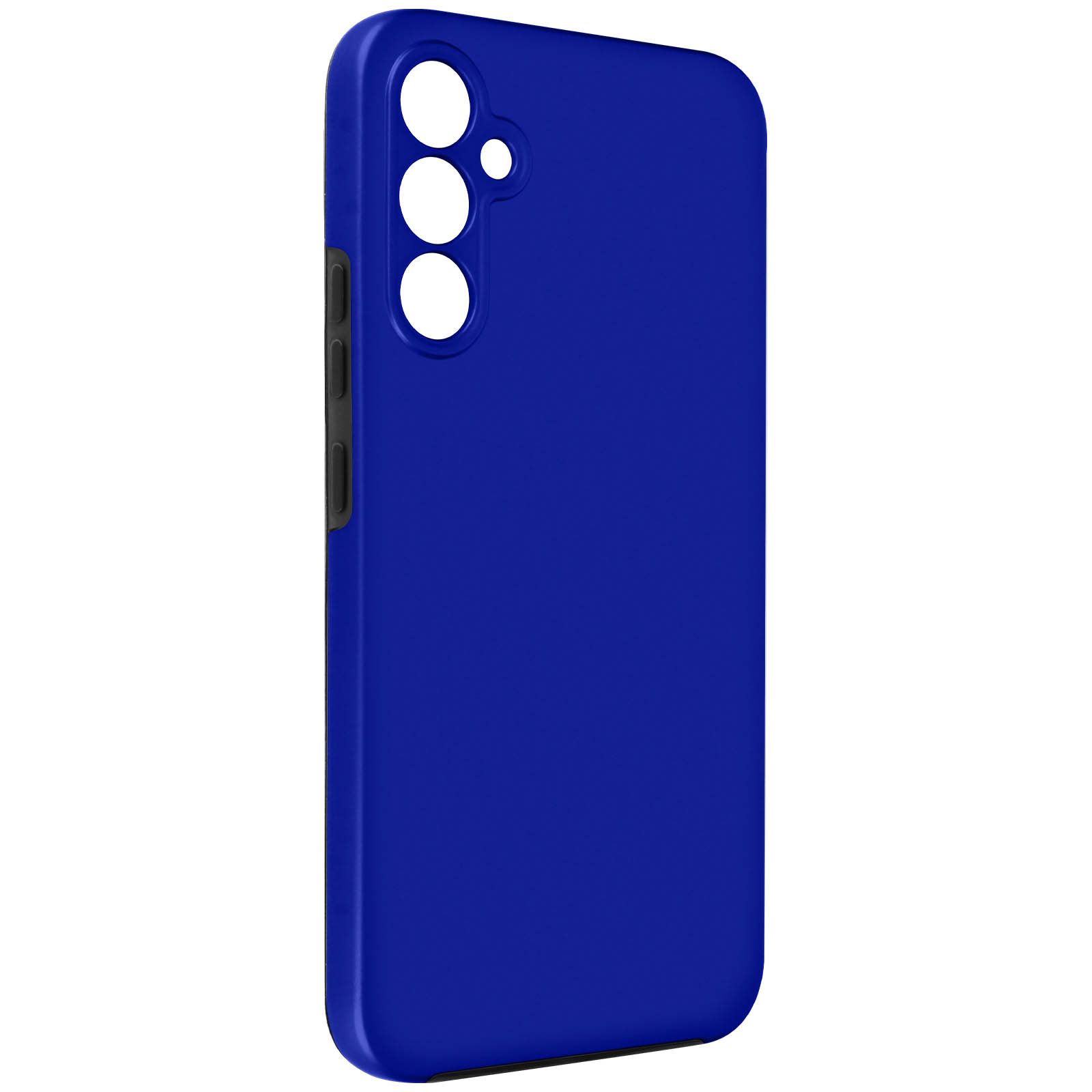 Custodia per telefono blu, vista posteriore, con ritagli per fotocamera e pulsanti, superficie liscia.