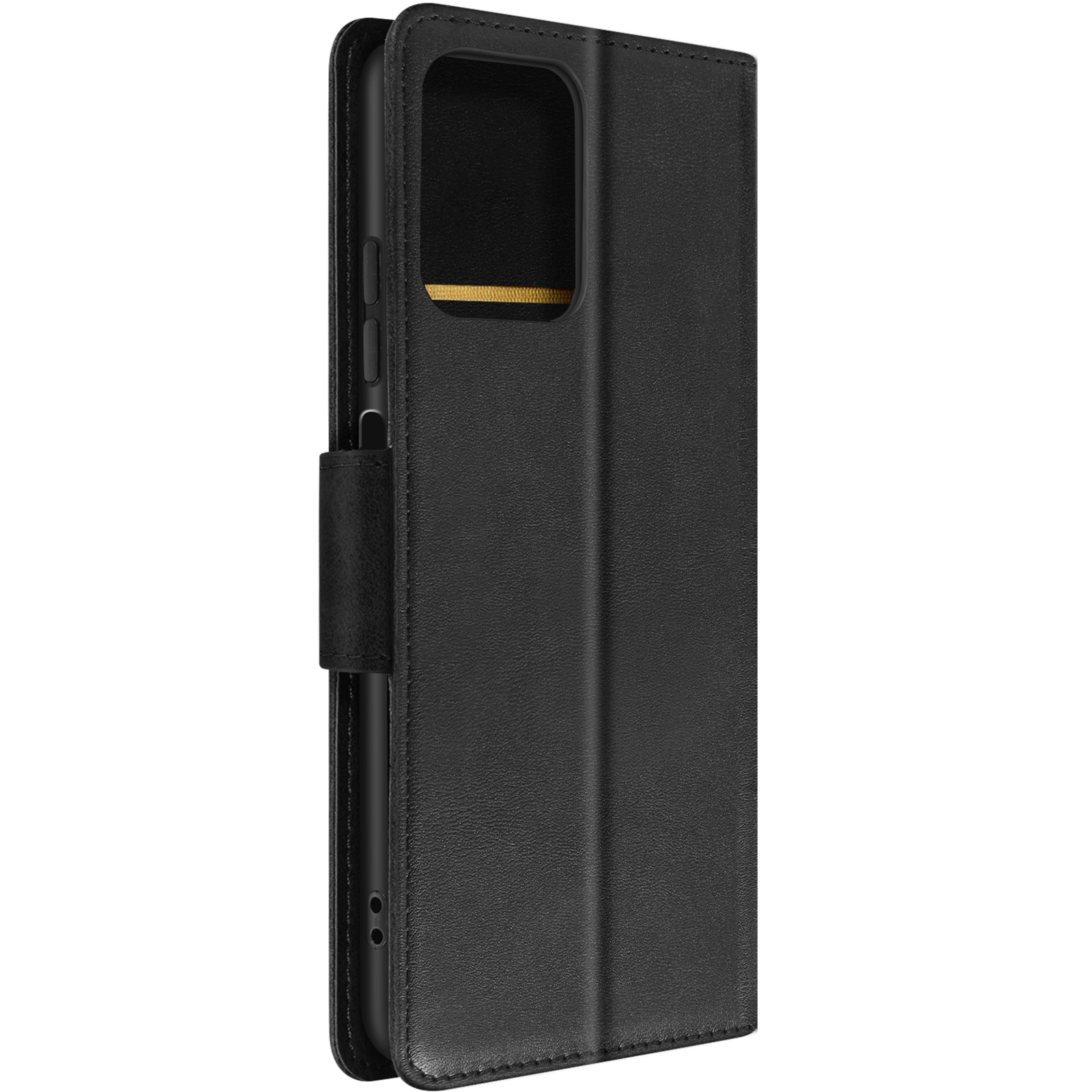 Custodia per telefono in pelle nera. Ha una cover a ribalta e uno slot per schede all'interno.