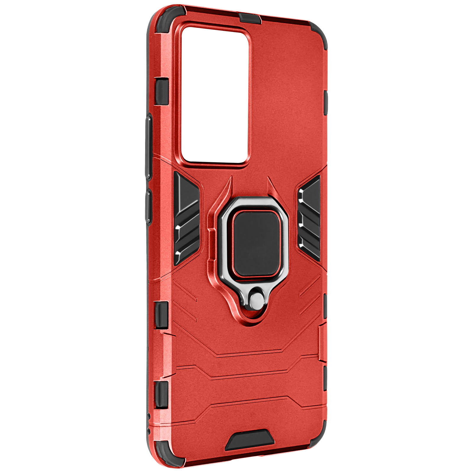 Custodia rossa per telefono con anello. Dettagli neri, design robusto. Sfondo bianco.