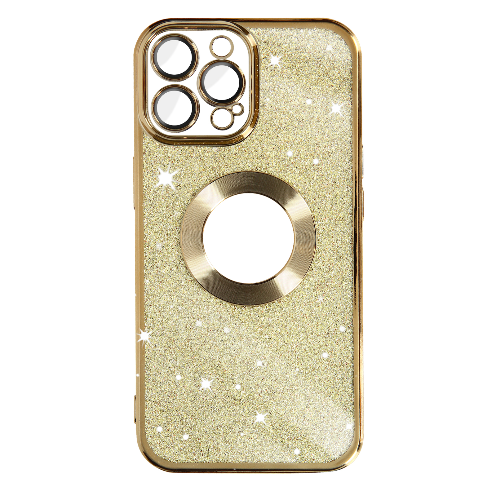 Custodia per telefono oro glitterata con fori per fotocamera e anello magnetico.