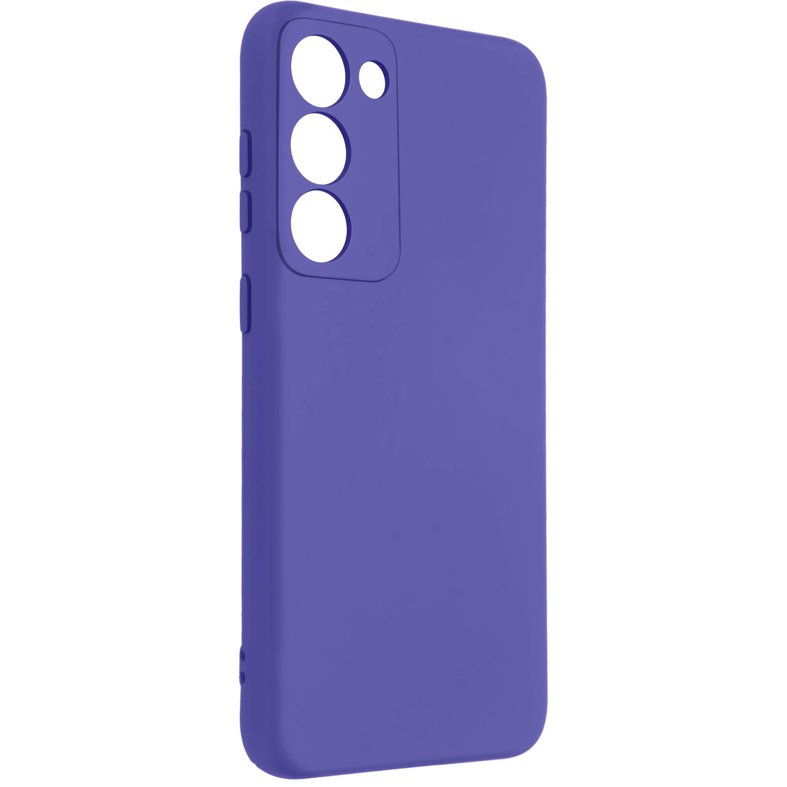 Custodia per telefono viola con tre ritagli per la fotocamera e pulsanti laterali.